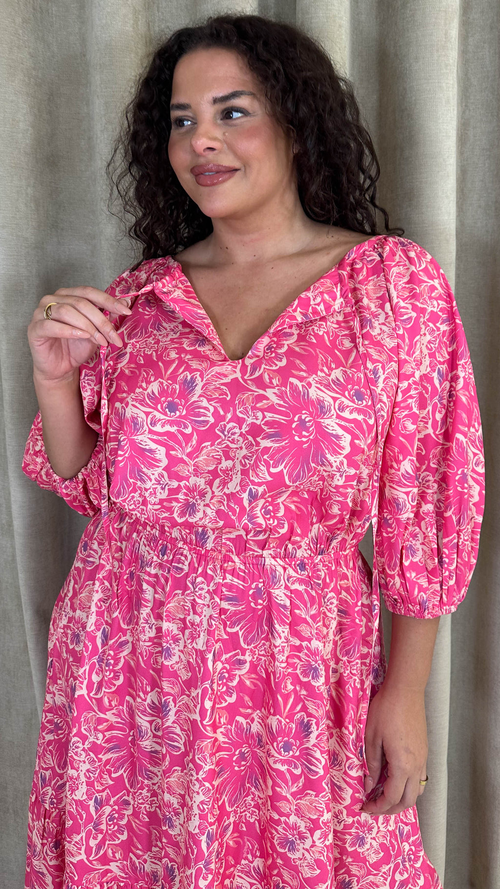 CurveWow Tie Neck Tiered Maxi Dress Pink Floral