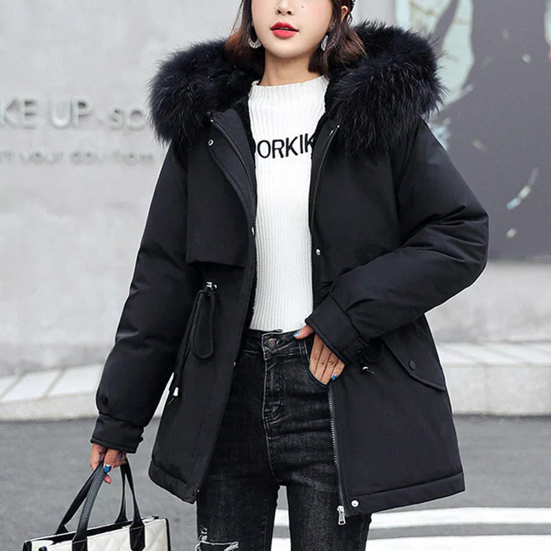 Women's winter coat with loose hood and thick synthetic fleece