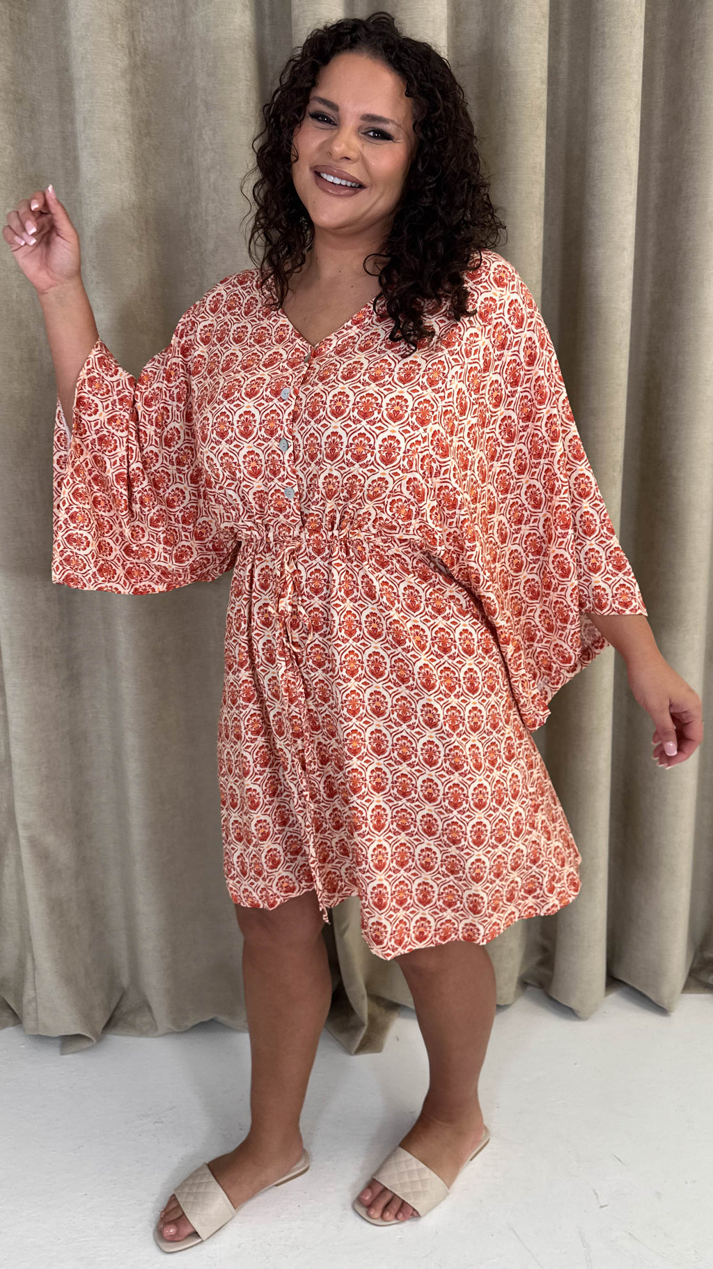 CurveWow Button Front Kimono Sleeve Dress Multi Floral