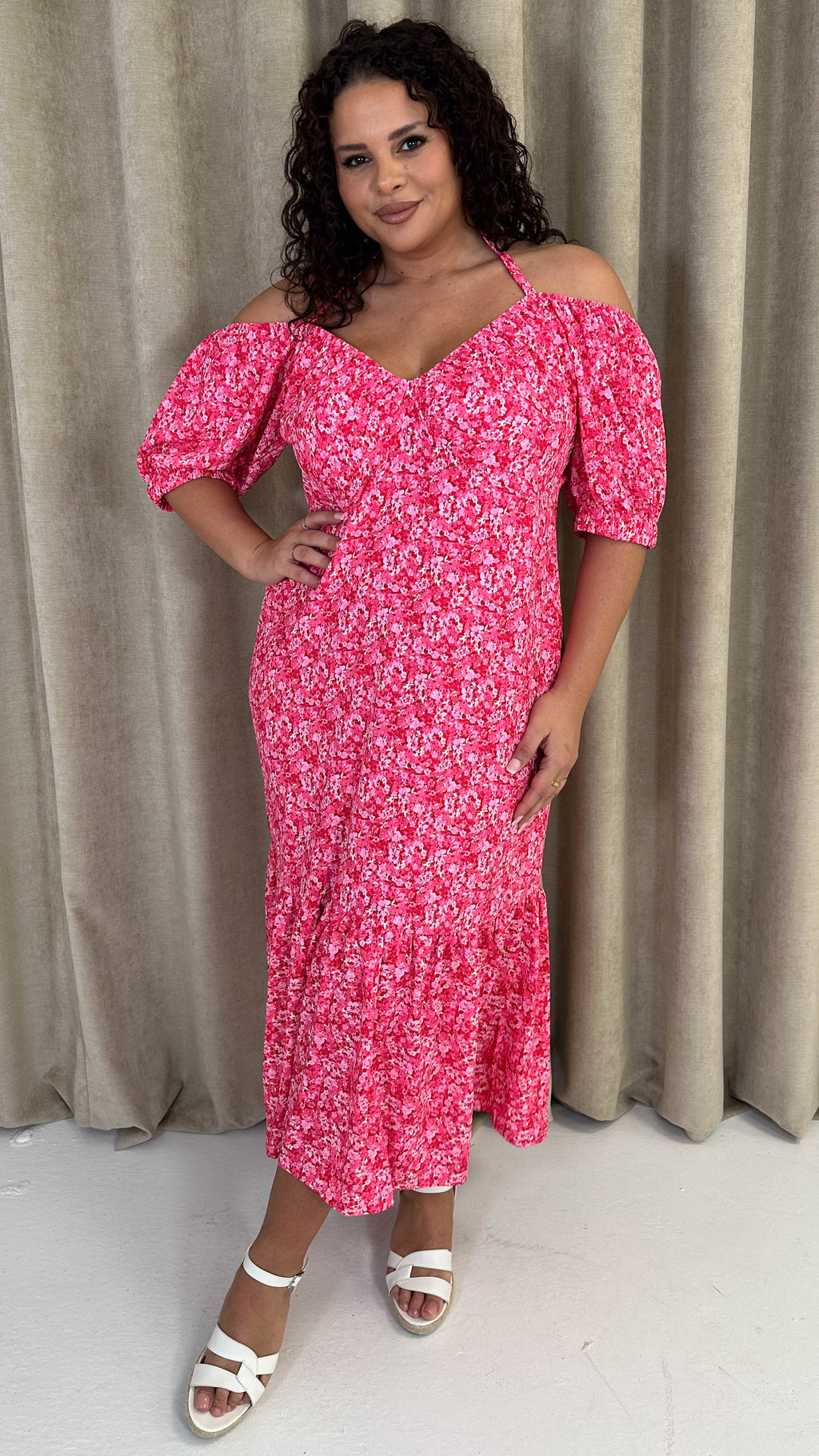 CurveWow Frill Hem Halter Tie Midi Dress Red/Pink Floral