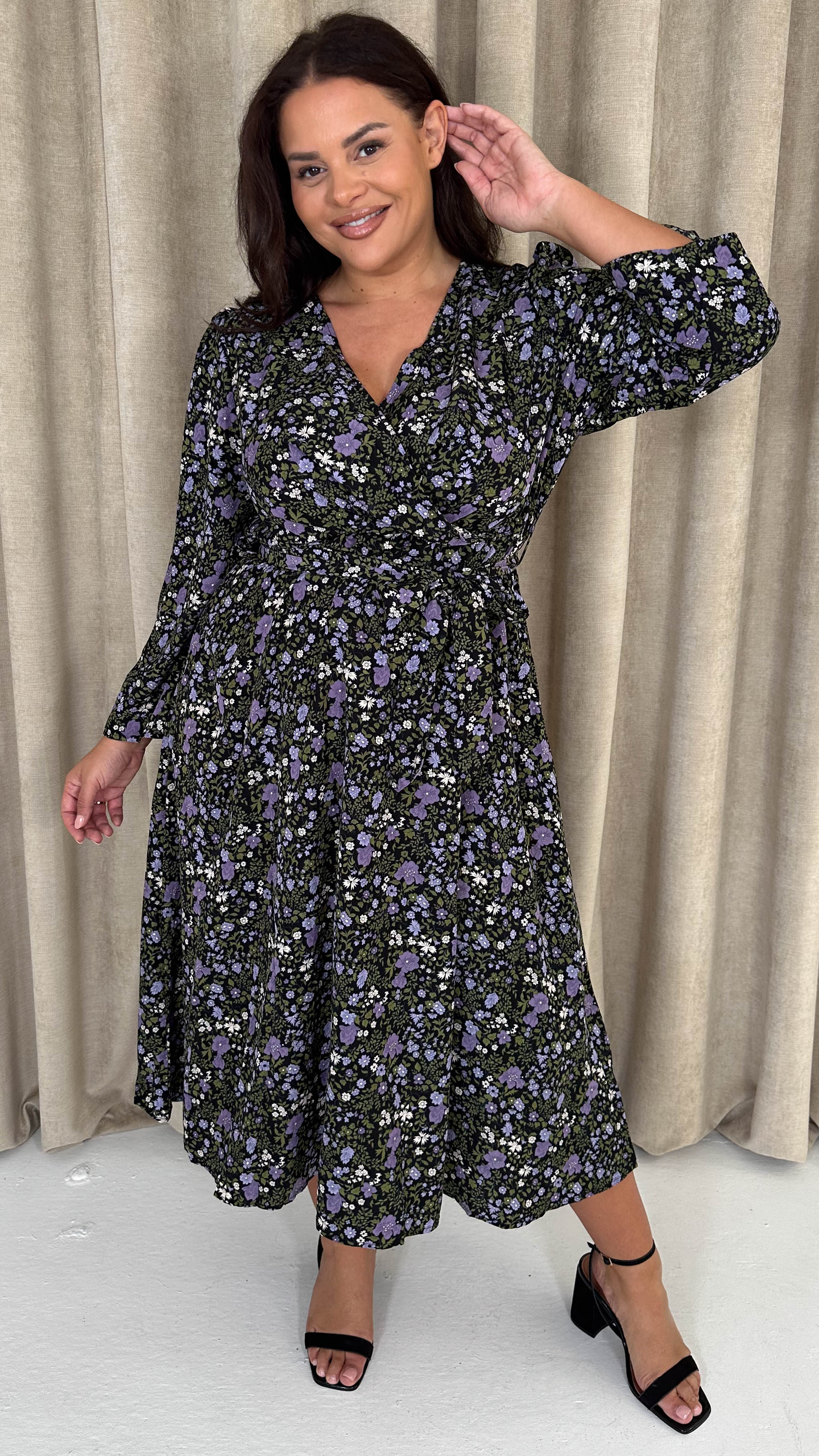 CurveWow Wrap Waist Tie Midi Dress Black Floral