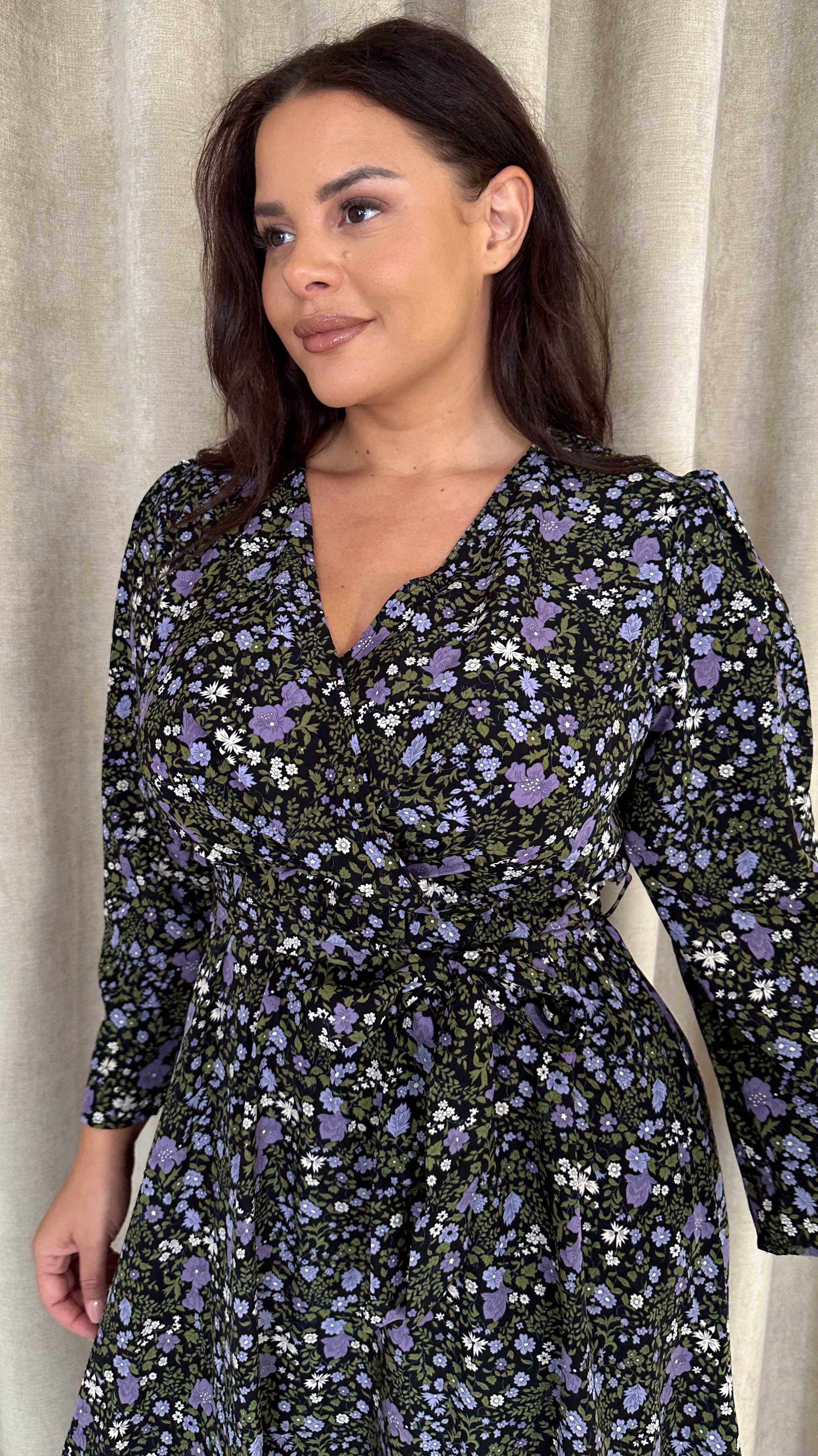 CurveWow Wrap Waist Tie Midi Dress Black Floral