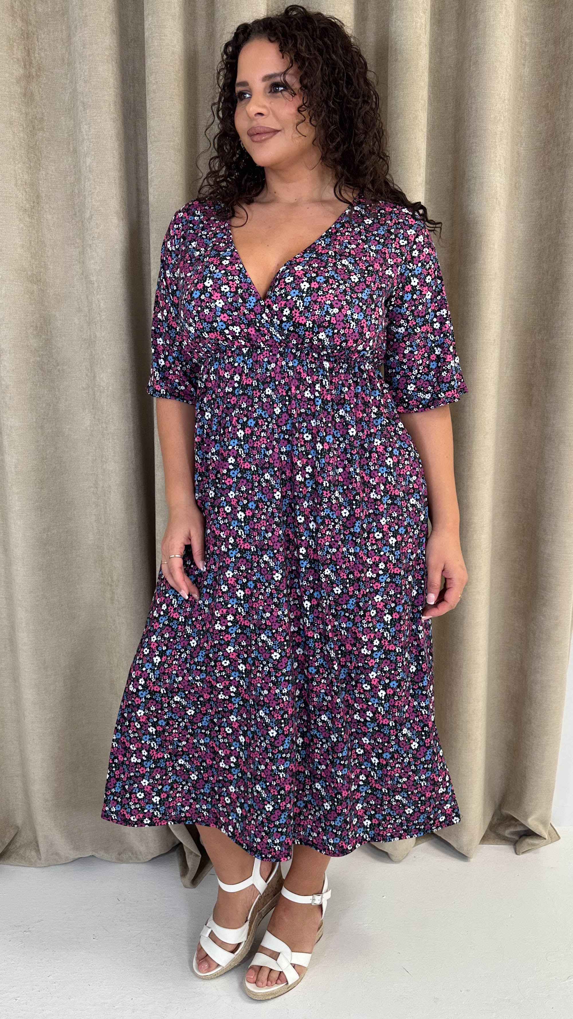 CurveWow Wrap Midi Dress Black Multi Floral