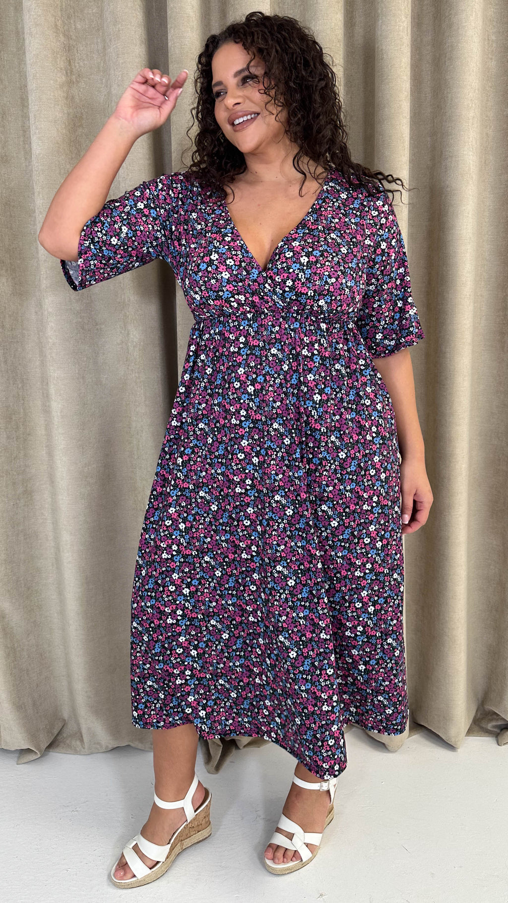 CurveWow Wrap Midi Dress Black Multi Floral