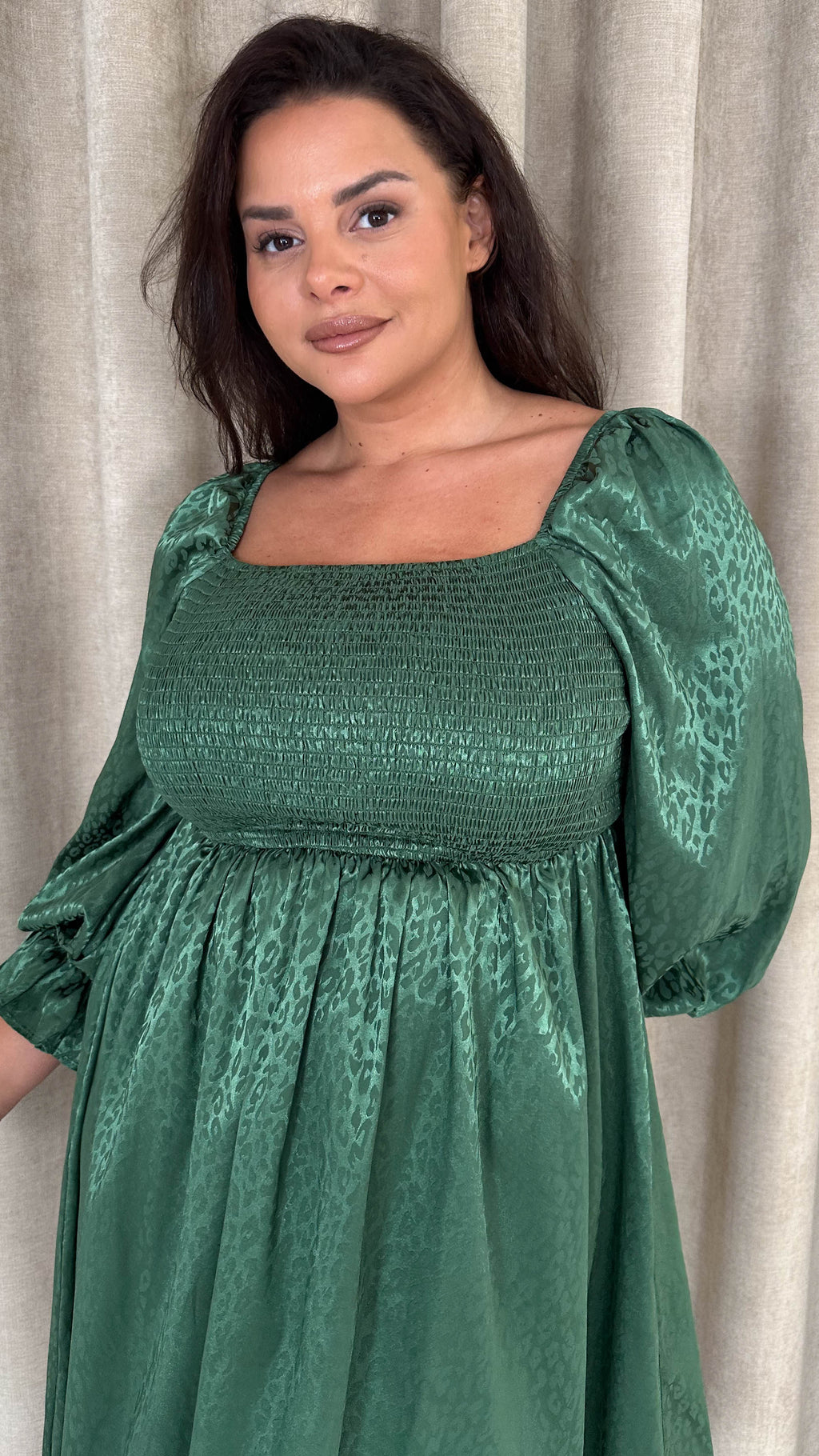 CurveWow Printed Satin Shirred Top Mini Dress Forest Green