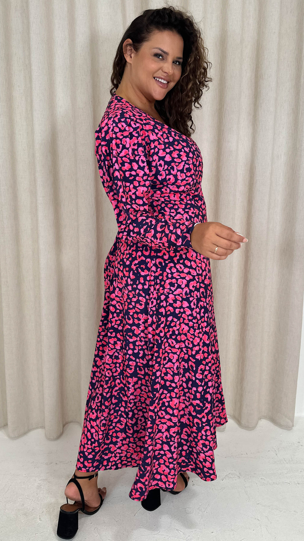 CurveWow Long Sleeve Wrap Dress Navy Animal
