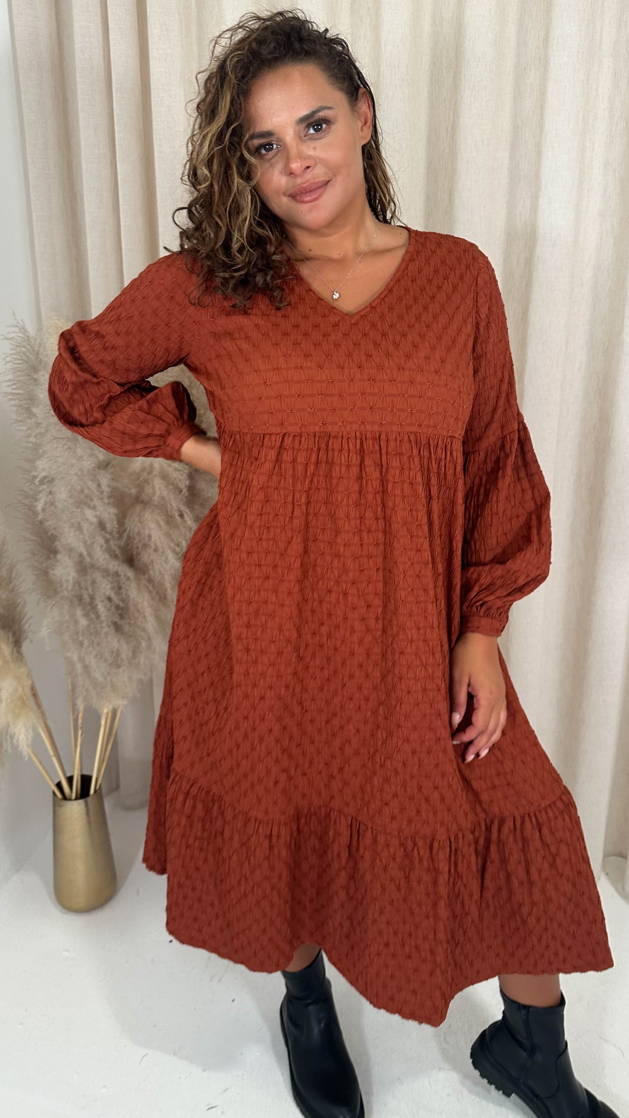 CurveWow Textured V Neck Smock Dress Rust