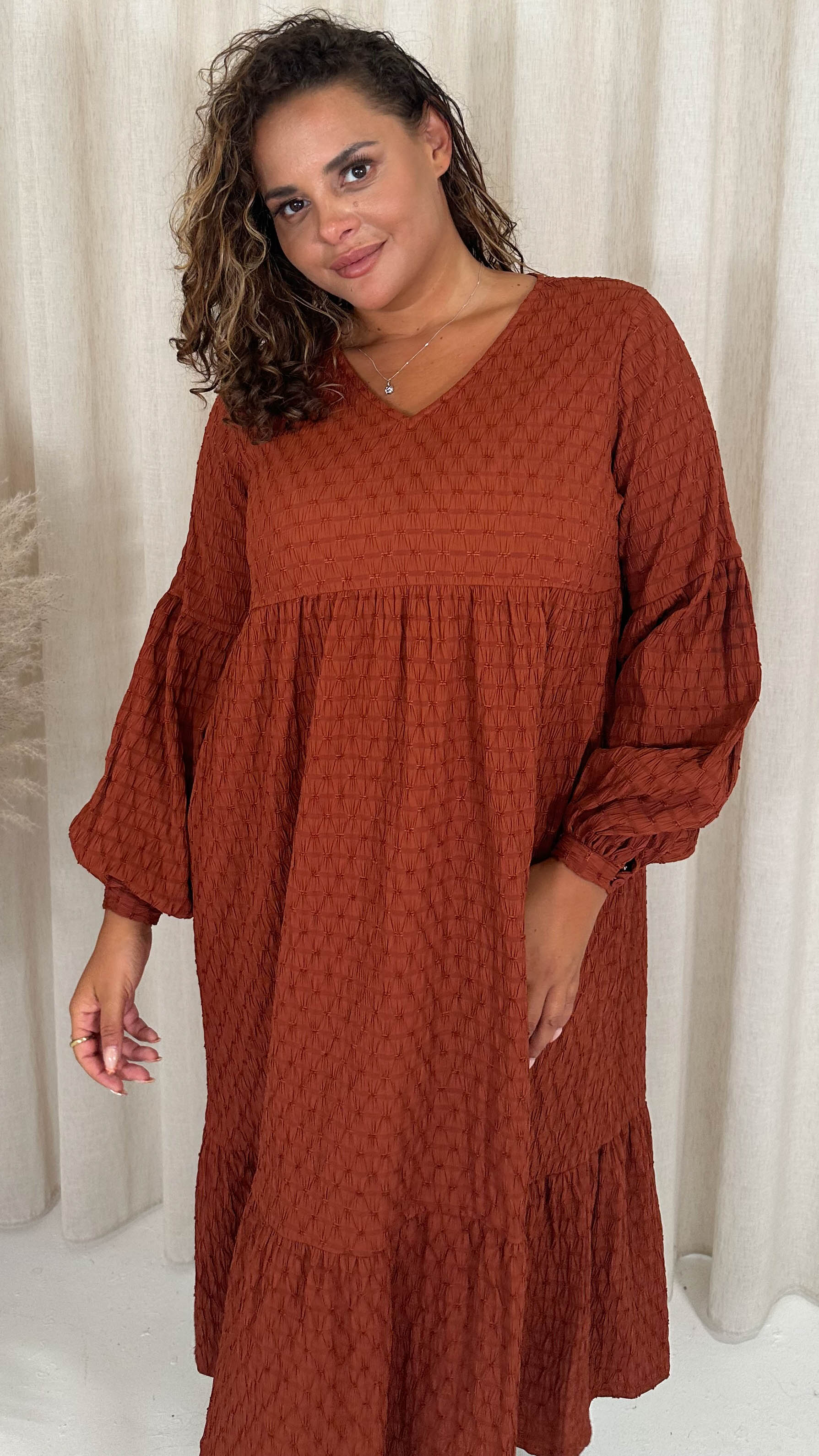 CurveWow Textured V Neck Smock Dress Rust