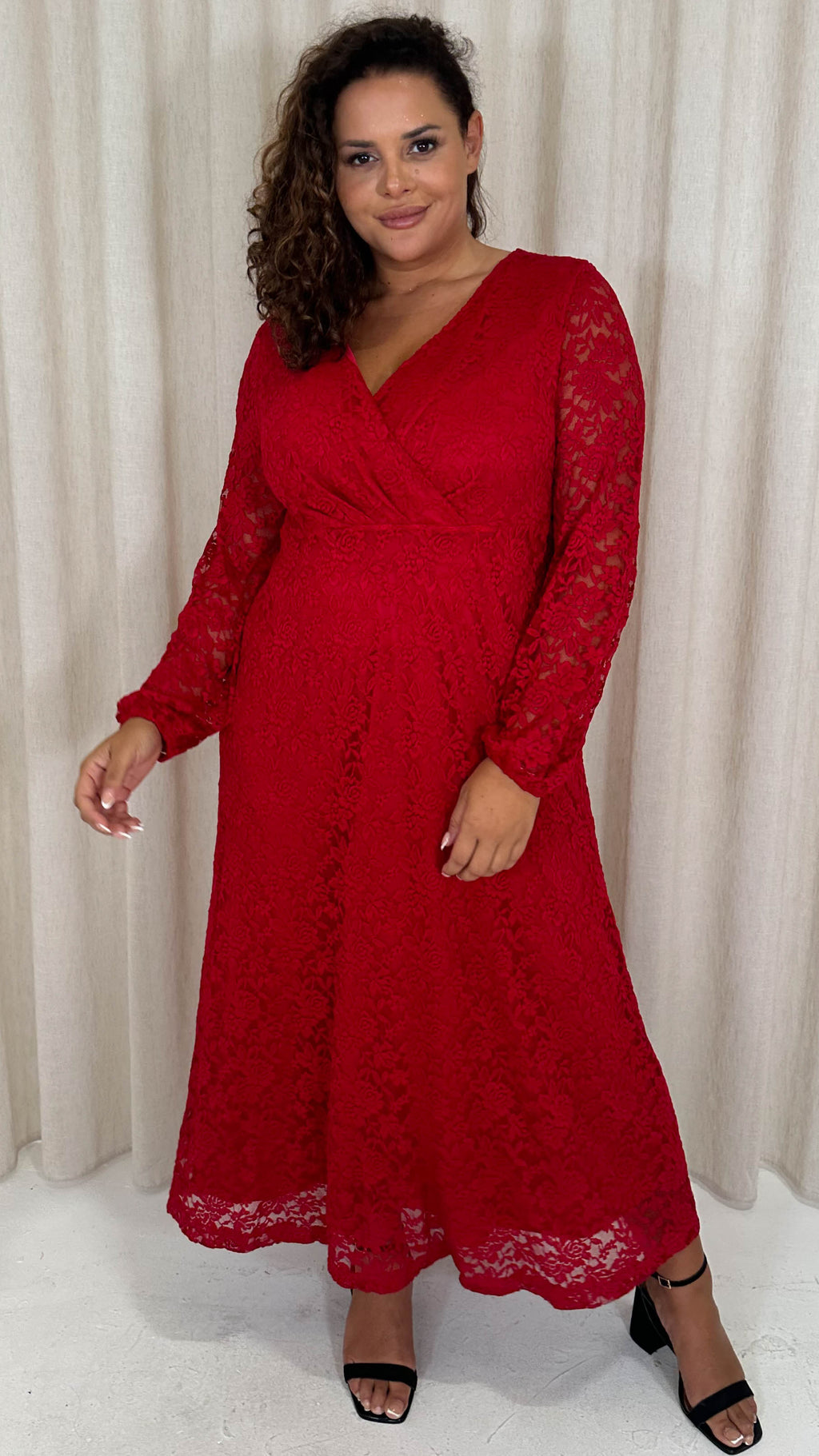CurveWow Lace Plunge Maxi Dress Red