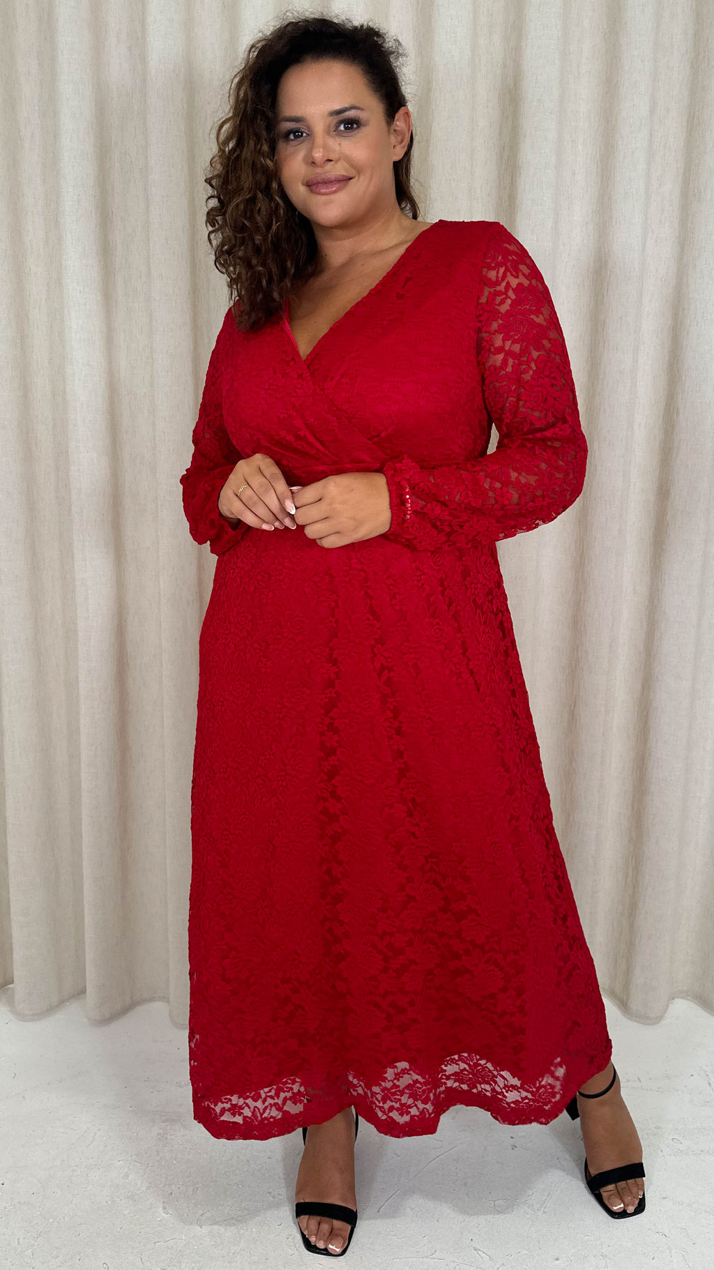 CurveWow Lace Plunge Maxi Dress Red