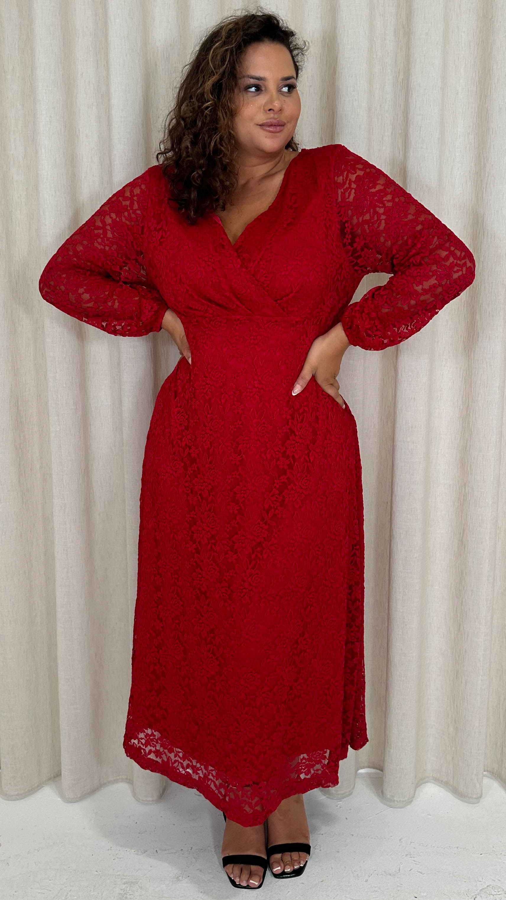 CurveWow Lace Plunge Maxi Dress Red