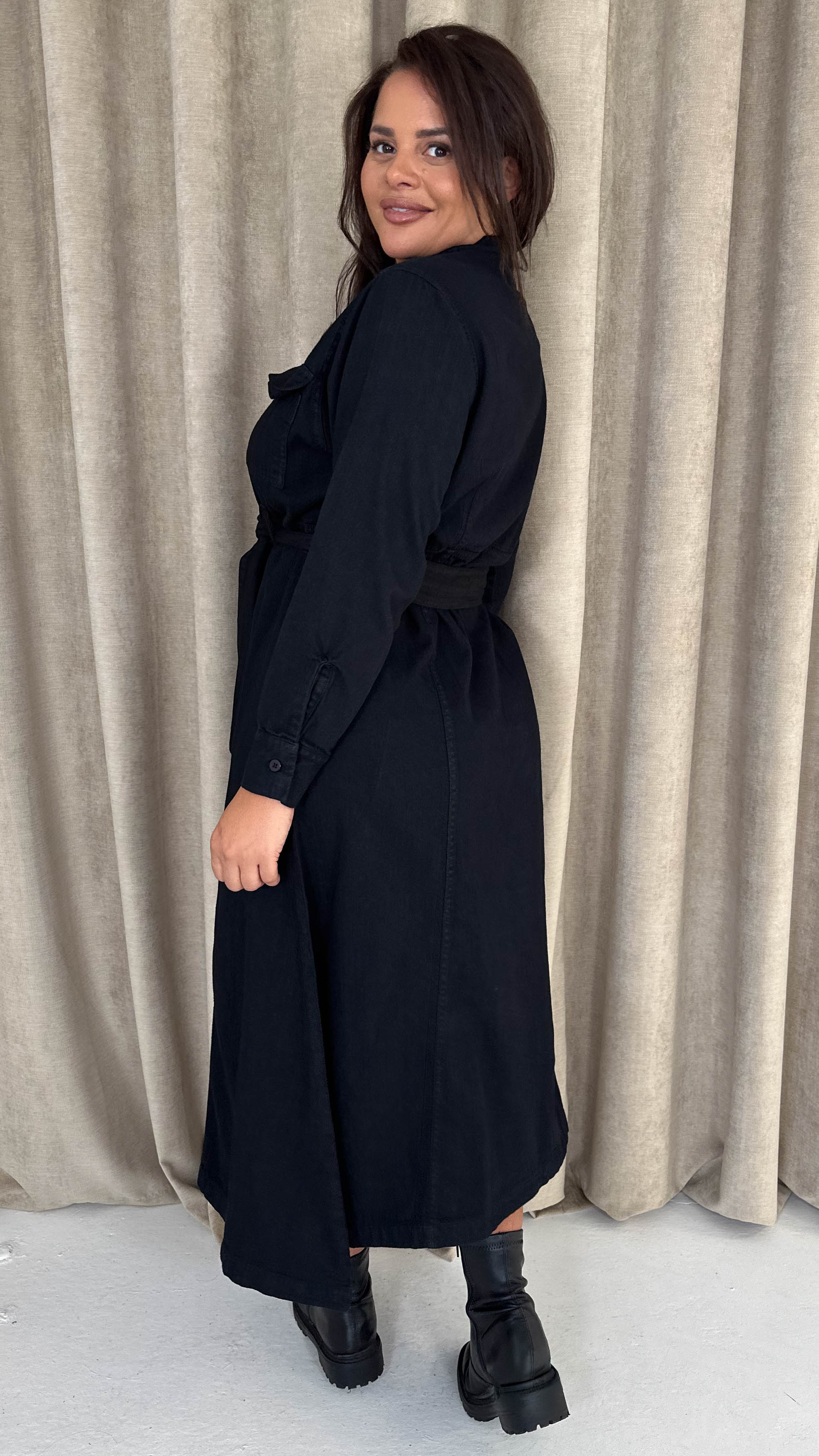 CurveWow Denim Belted Midaxi Shirt Dress Black Wash