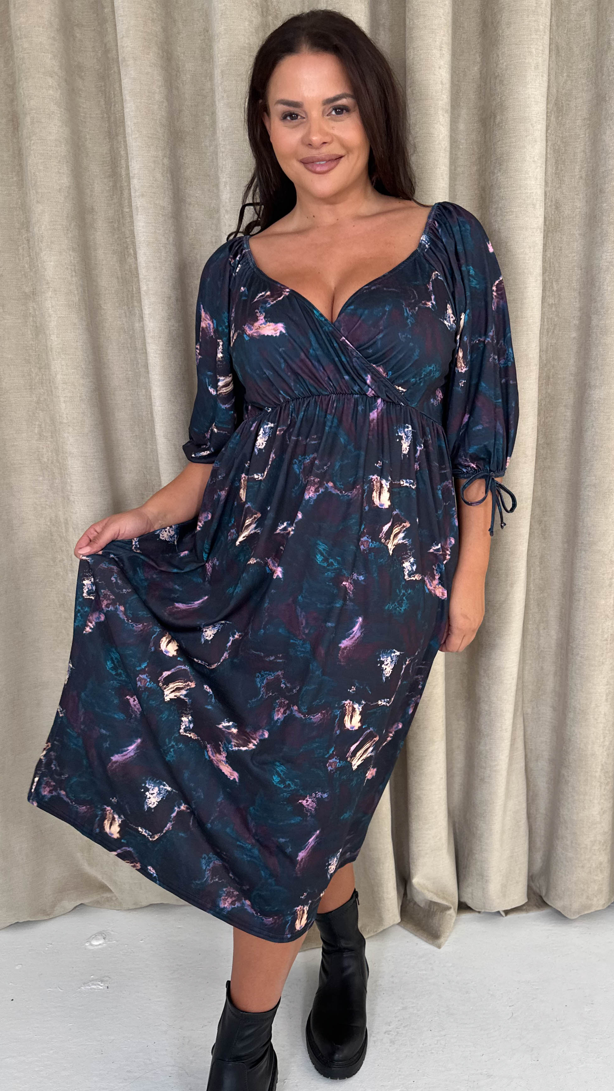 CurveWow Wrap 3/4 Balloon Sleeve Milkmaid Dress Black Marble