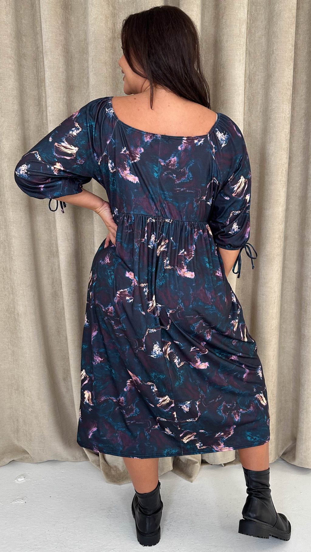 CurveWow Wrap 3/4 Balloon Sleeve Milkmaid Dress Black Marble