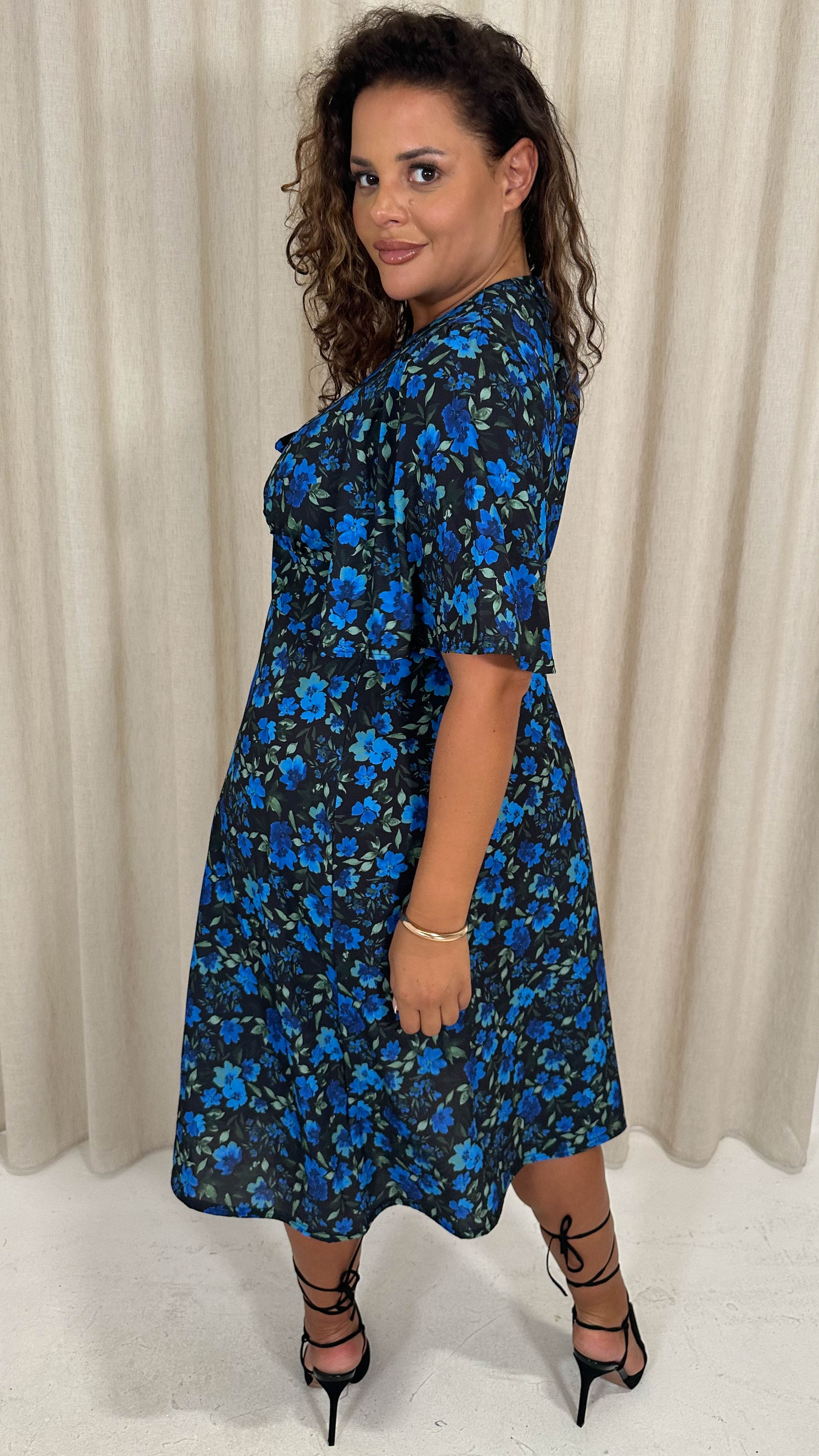 CurveWow Angel Sleeve Flounce Tie Front Midi Dress Blue Floral