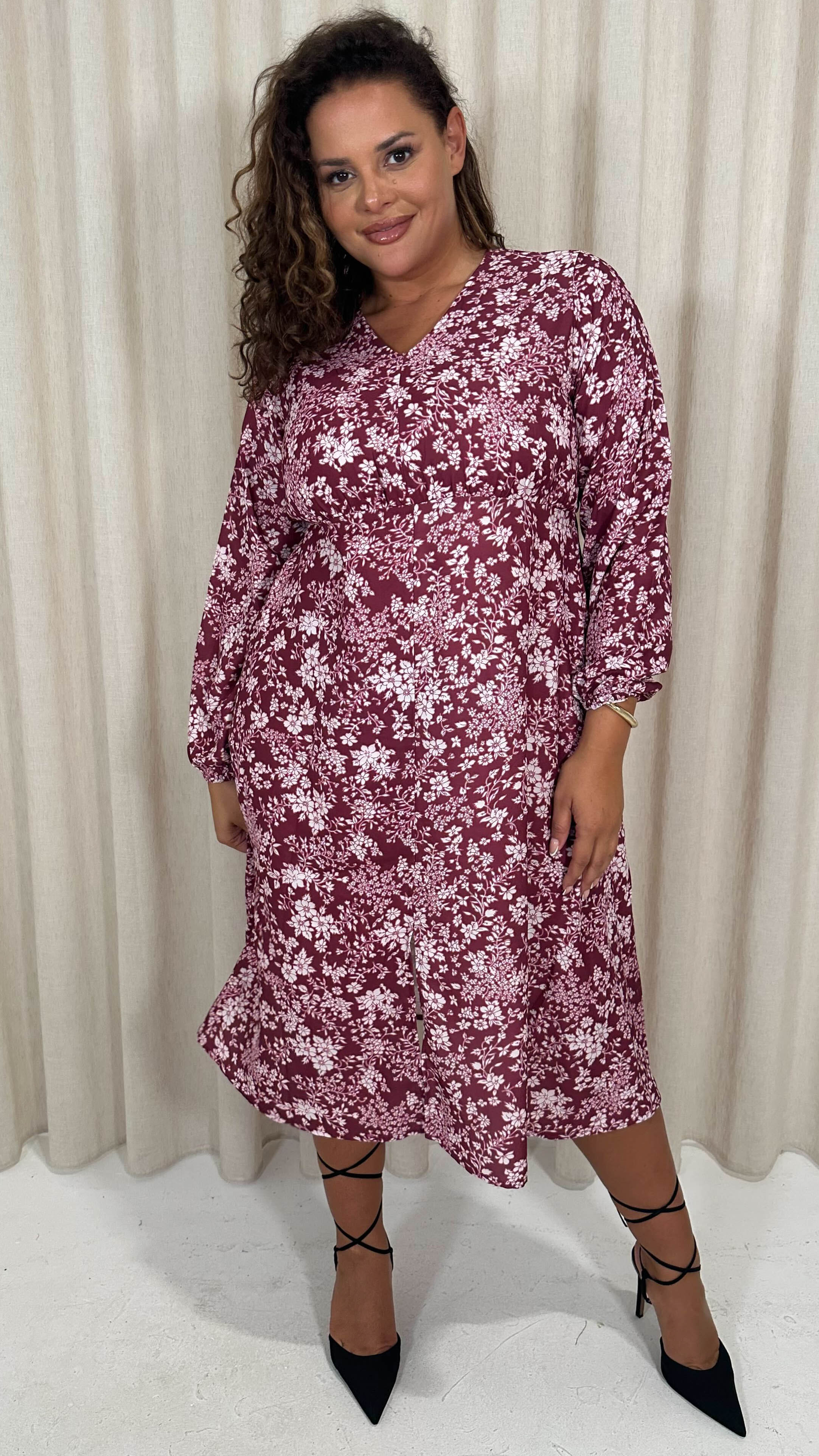 CurveWow V Neck Front Slit Midi Dress Wine Floral