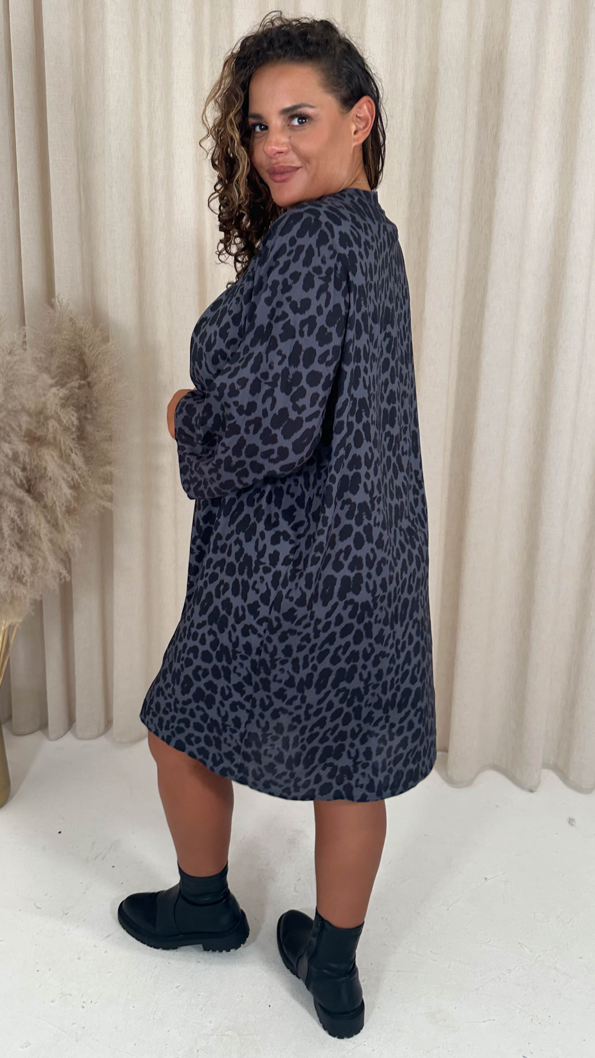 CurveWow Tie Neck Swing Dress Grey Animal