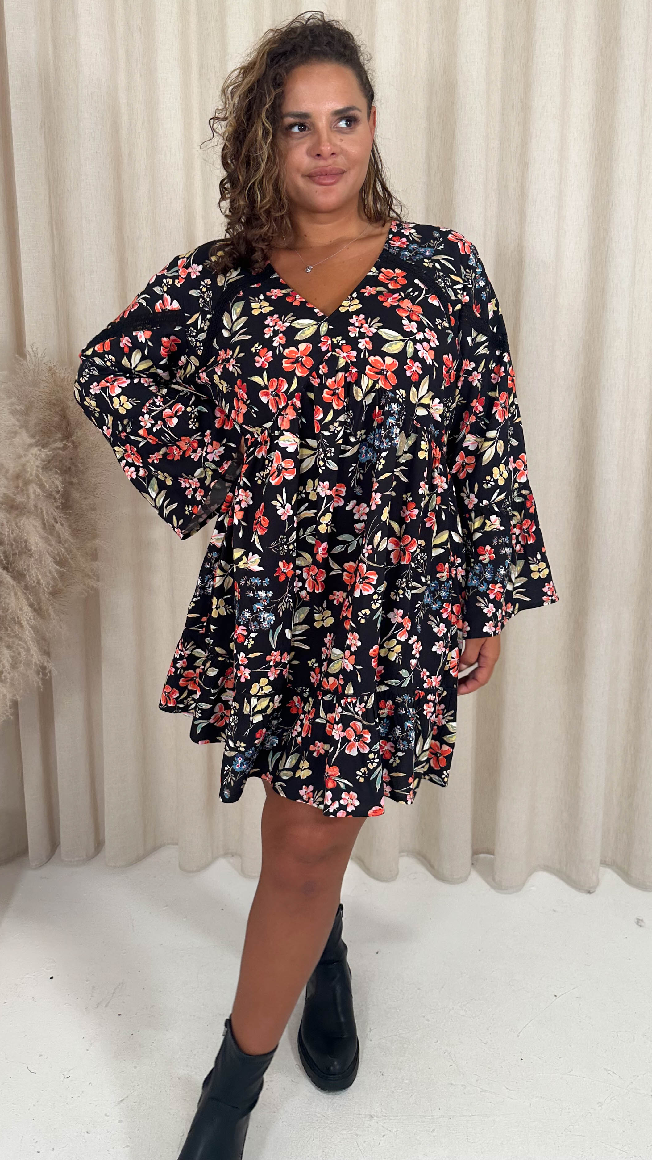 CurveWow Lace Insert V Neck Smock Dress Black Floral