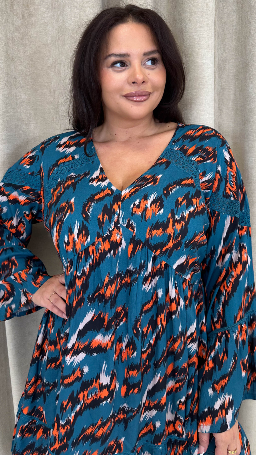 CurveWow Lace Insert V Neck Smock Dress Leopard Print