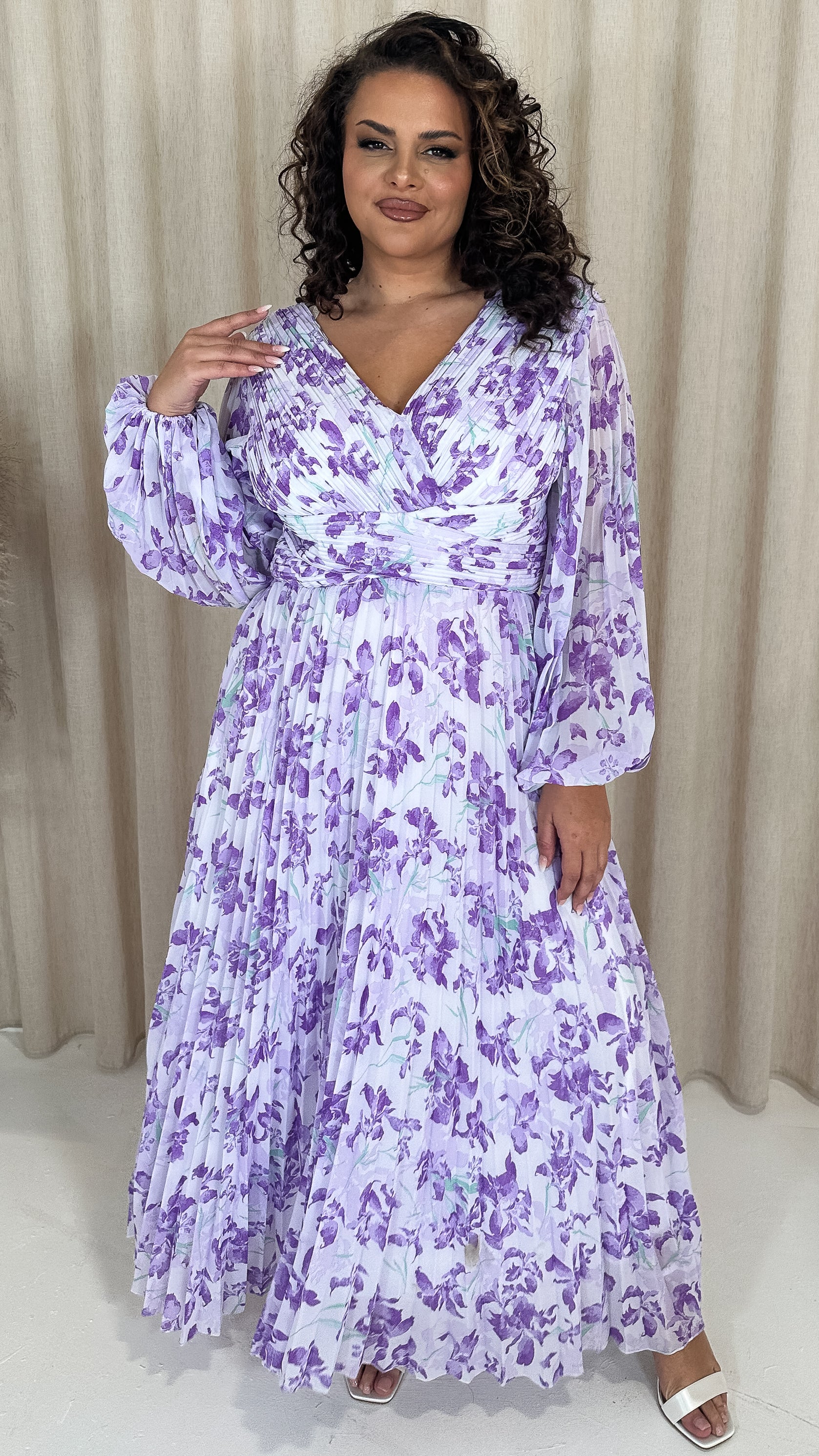 CurveWow Pleated Wrap Maxi Dress Lilac Floral