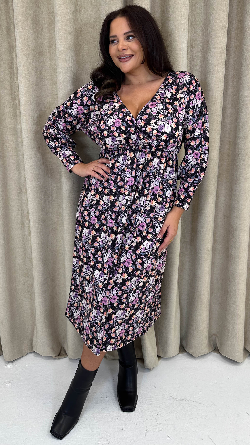 CurveWow Long Sleeve Tie Back Wrap Dress Floral
