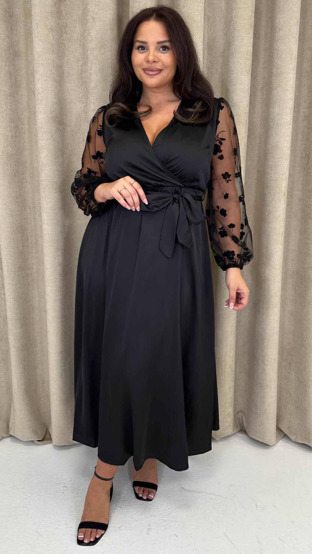 CurveWow Mesh Detail Wrap Midaxi Dress Black