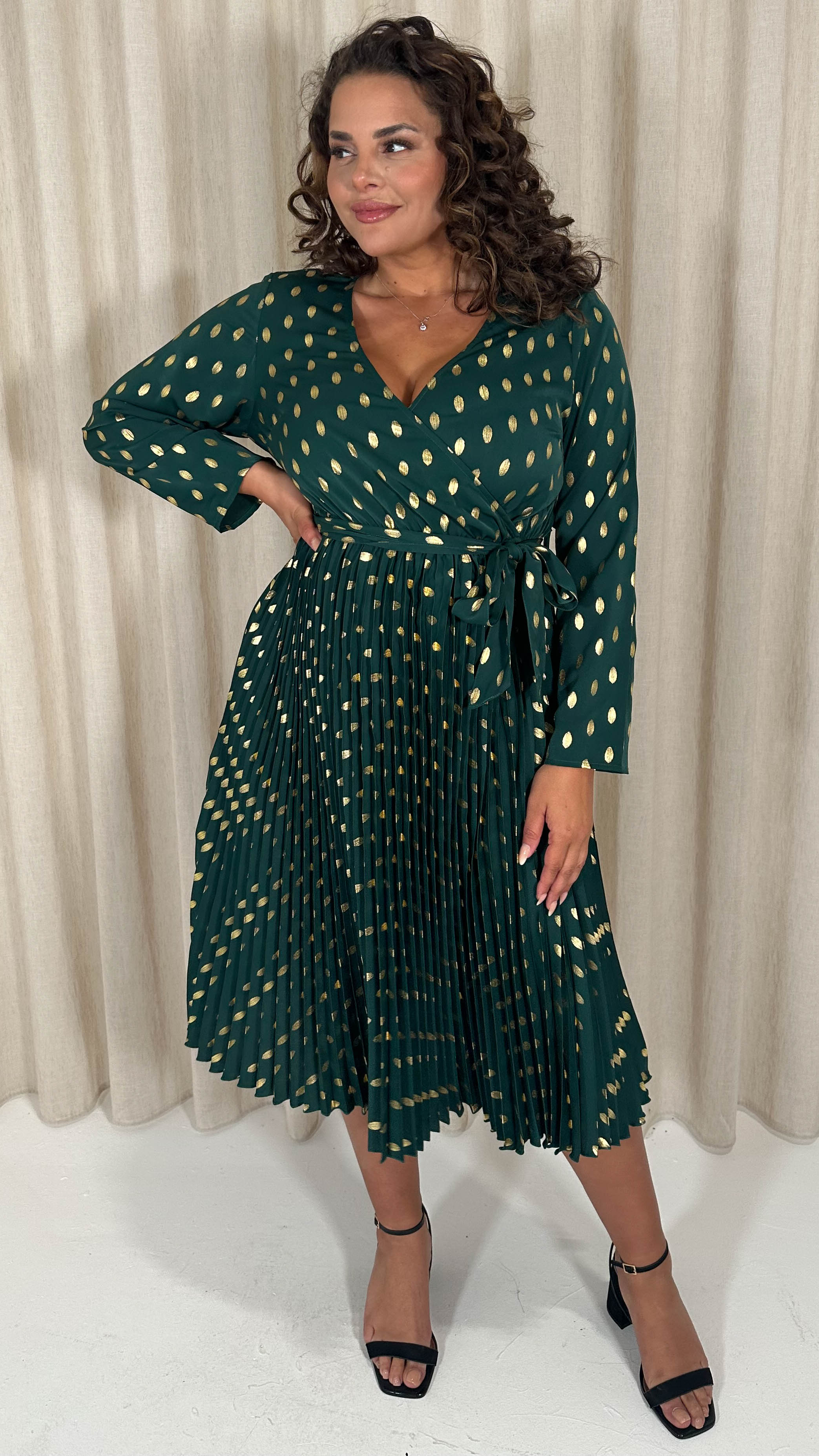 CurveWow Long Sleeve Pleated Wrap Dress Green Spot
