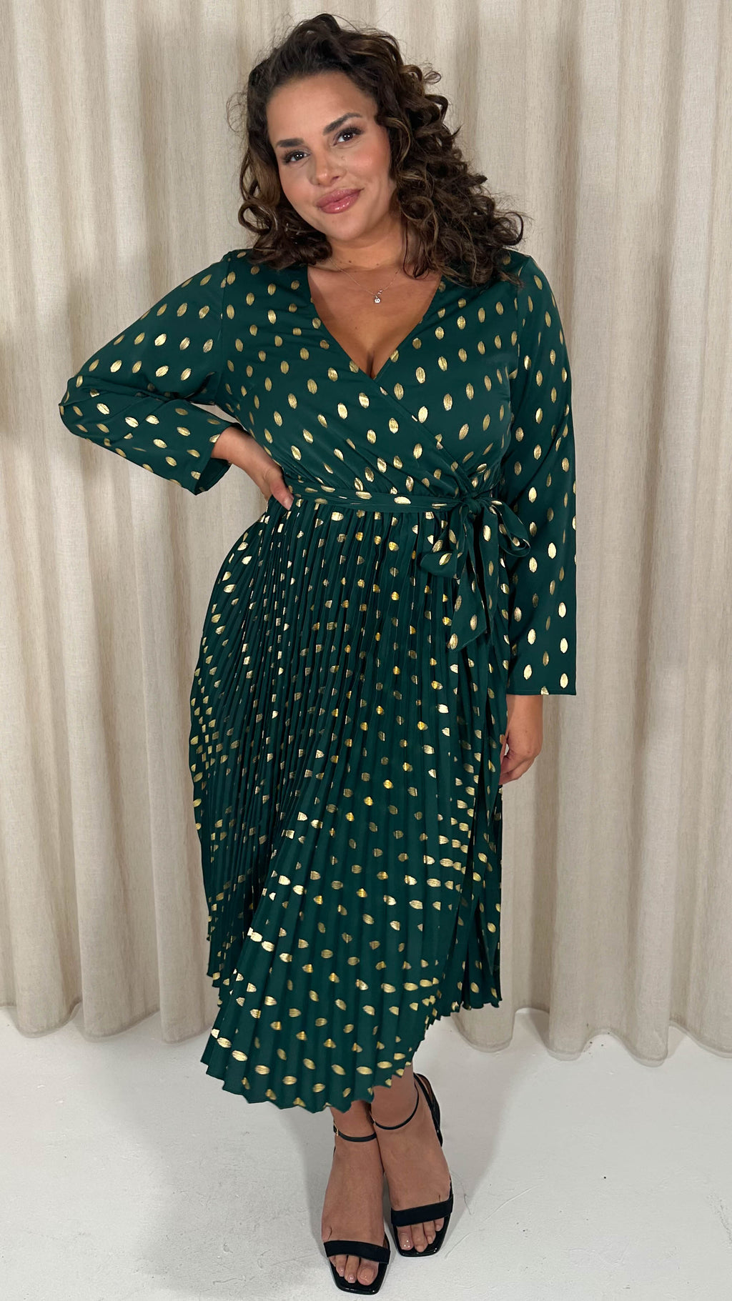 CurveWow Long Sleeve Pleated Wrap Dress Green Spot