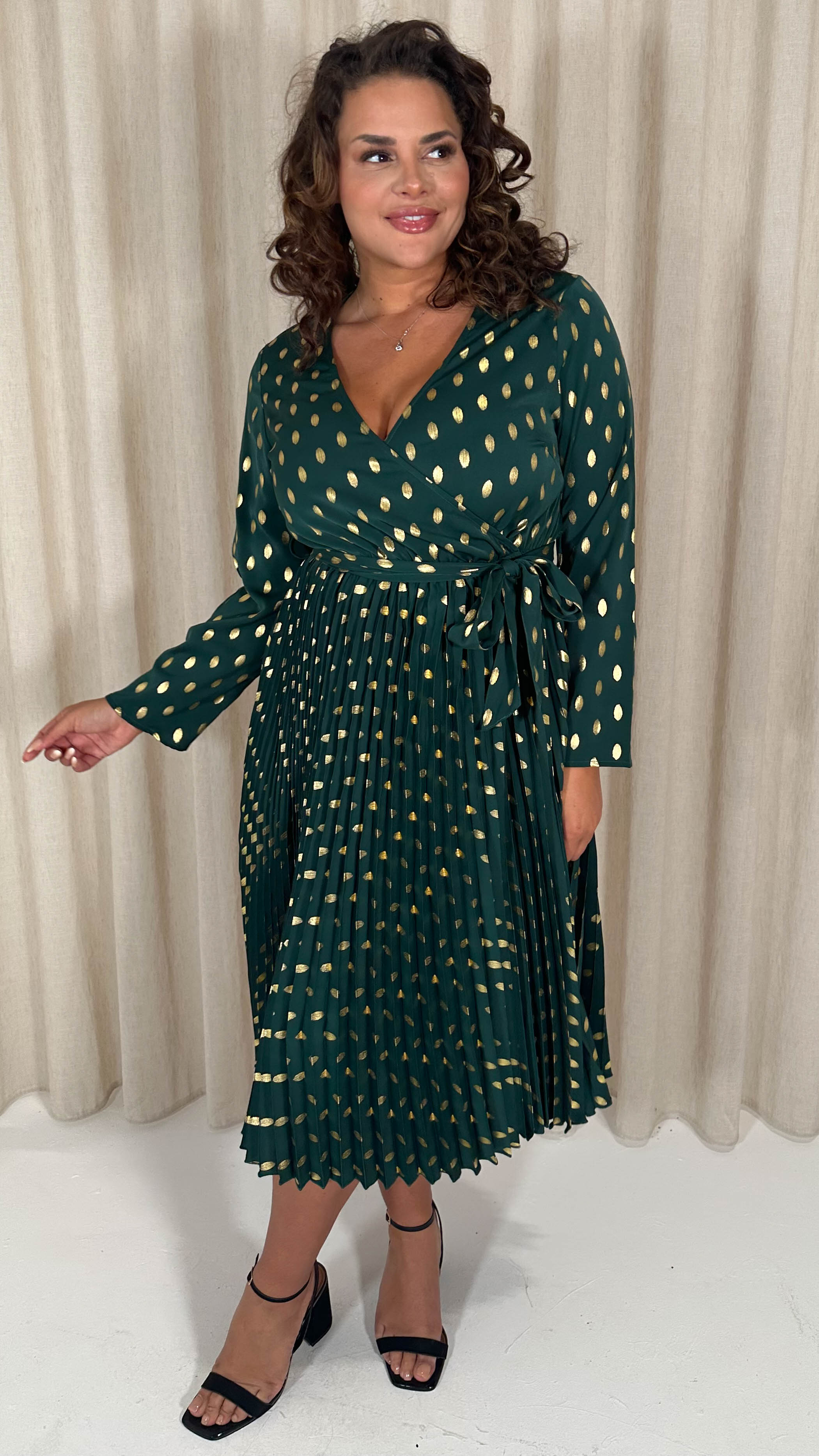 CurveWow Long Sleeve Pleated Wrap Dress Green Spot