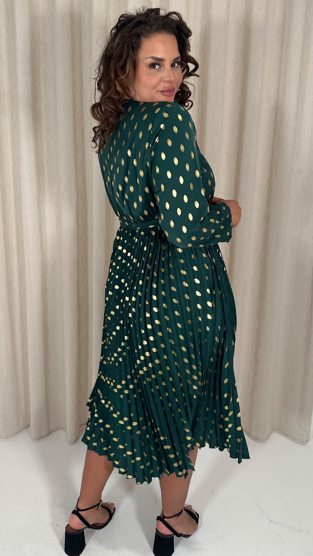 CurveWow Long Sleeve Pleated Wrap Dress Green Spot