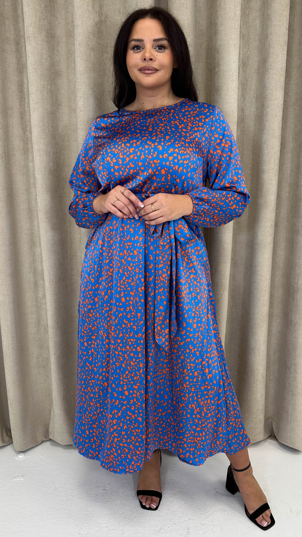CurveWow Tie Waist Crew Neck Midi Dress Blue Animal