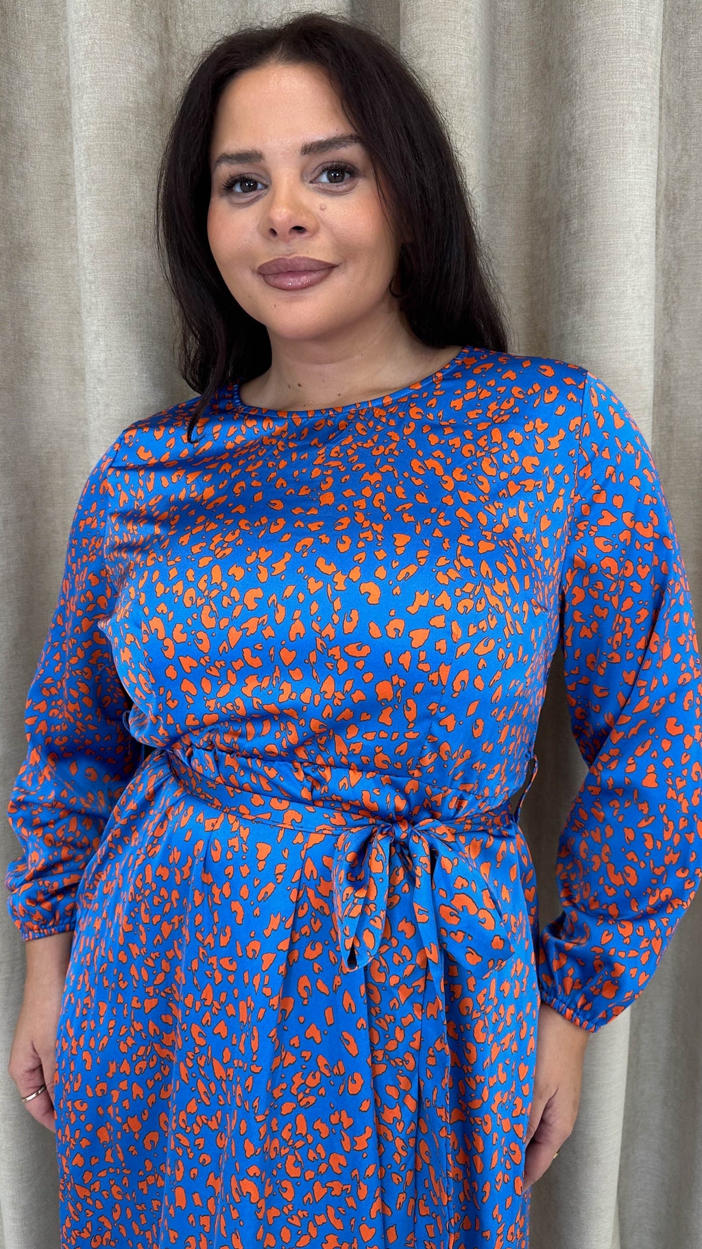 CurveWow Tie Waist Crew Neck Midi Dress Blue Animal