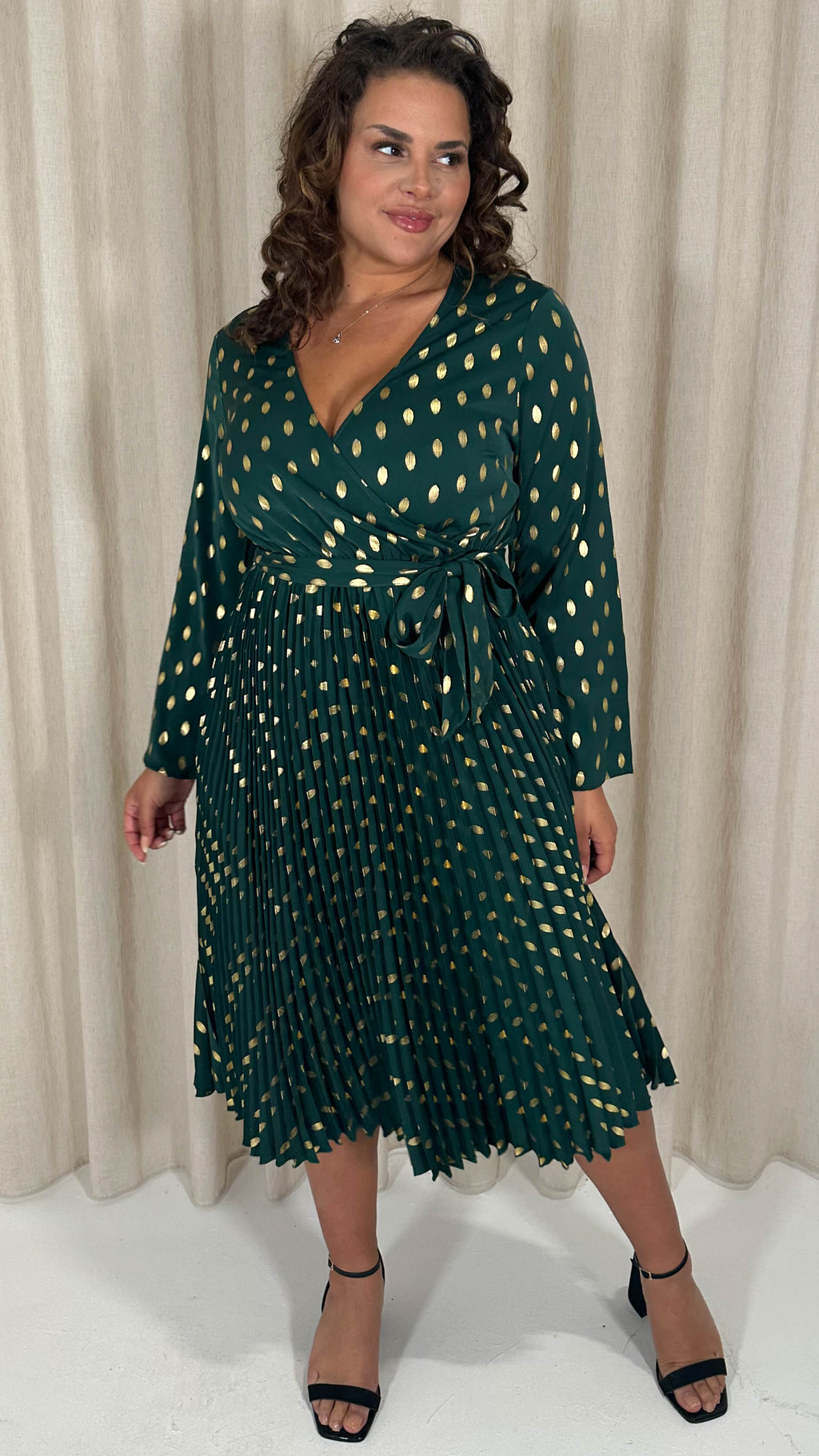 CurveWow Long Sleeve Pleated Wrap Dress Green Spot