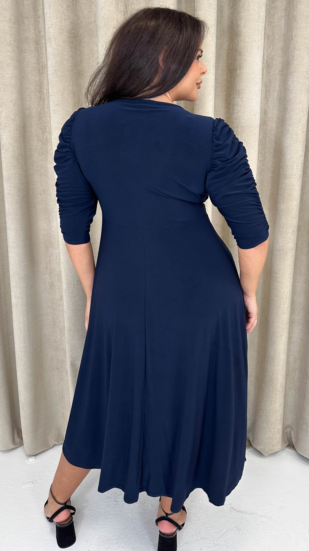 CurveWow 3/4 Balloon Sleeve Wrap Midi Dress Navy