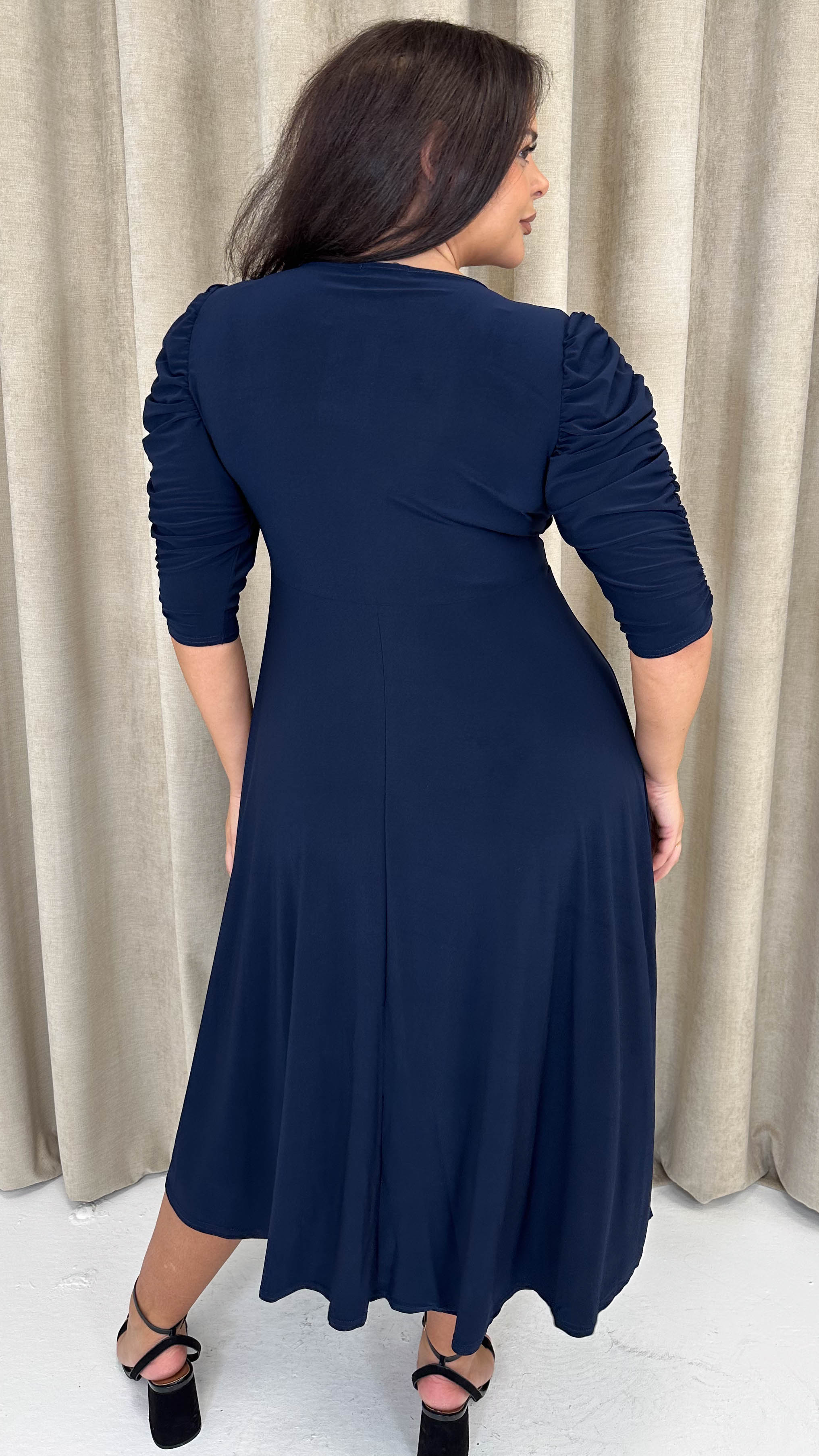 CurveWow 3/4 Balloon Sleeve Wrap Midi Dress Navy