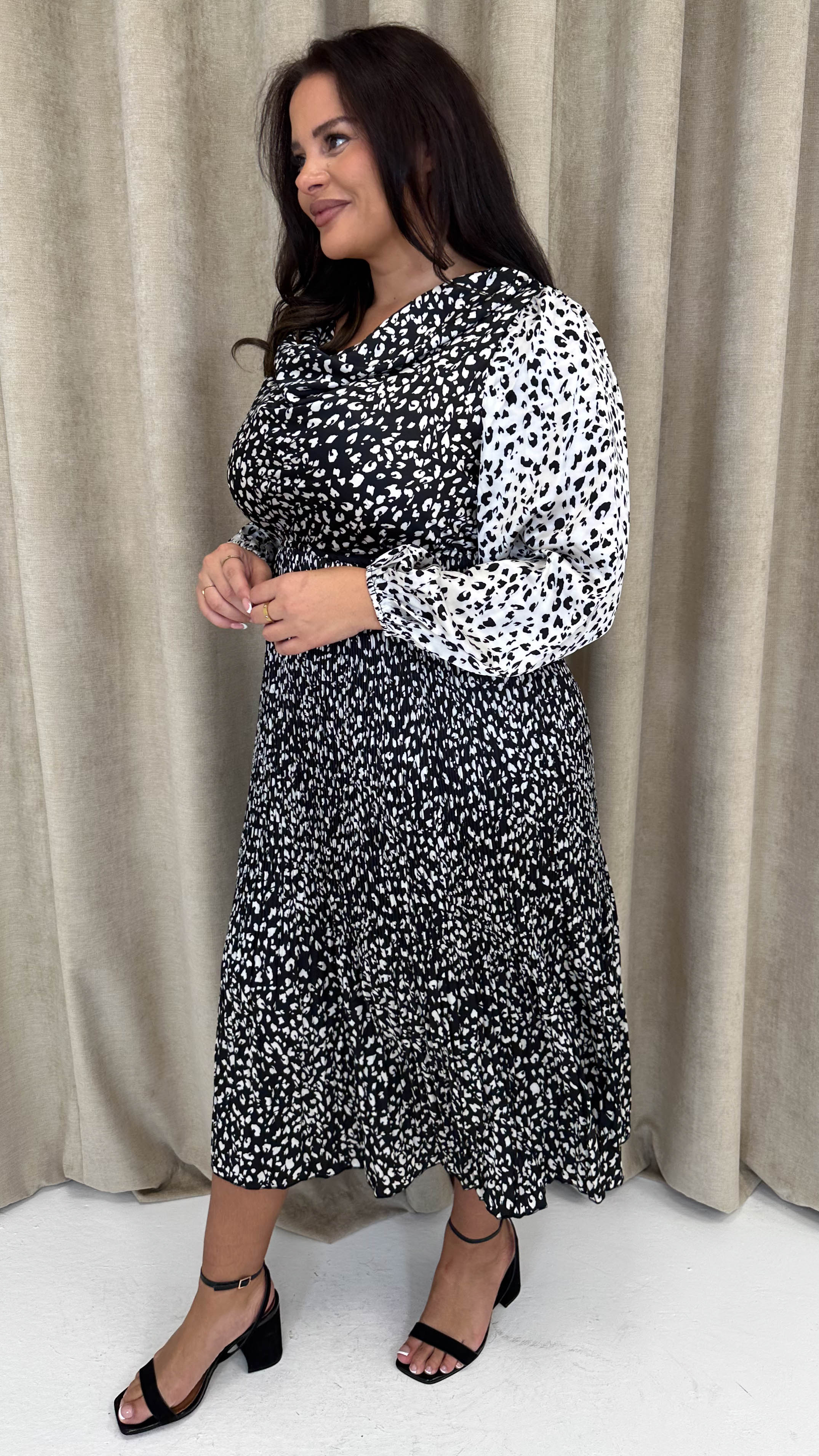 CurveWow Spliced Cowl Neck Pleated Midi Dress Mono Animal