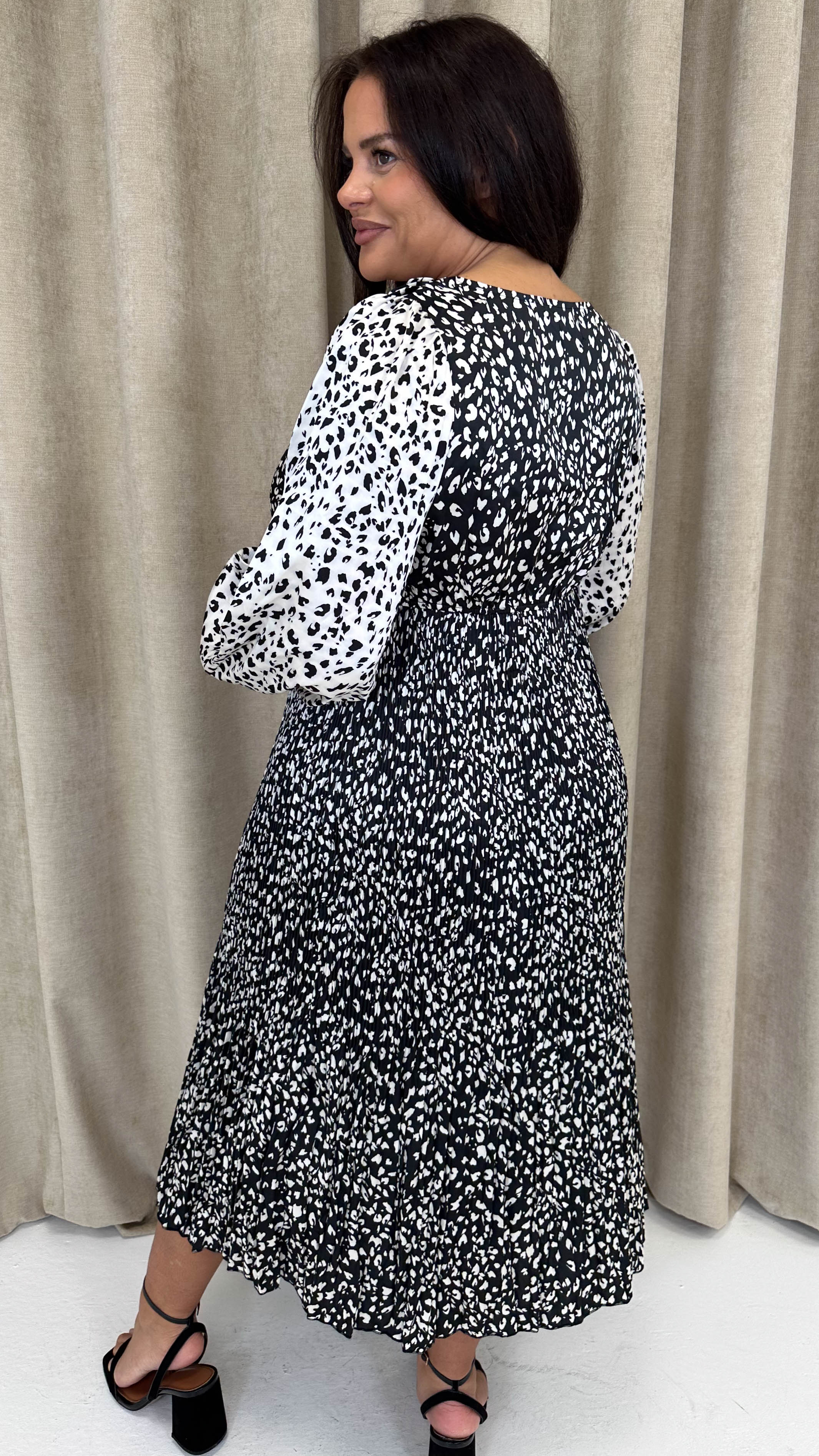 CurveWow Spliced Cowl Neck Pleated Midi Dress Mono Animal