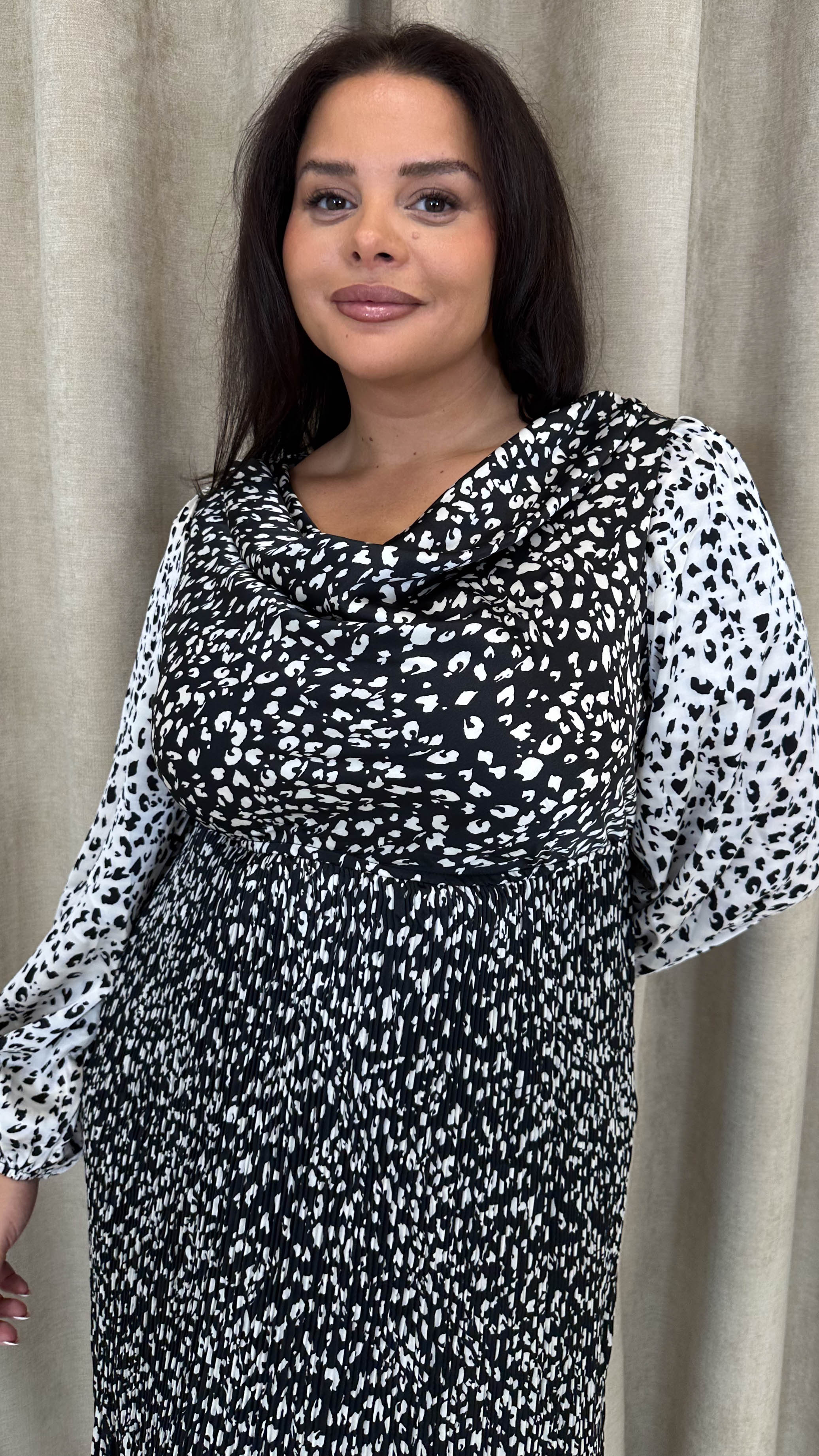CurveWow Spliced Cowl Neck Pleated Midi Dress Mono Animal