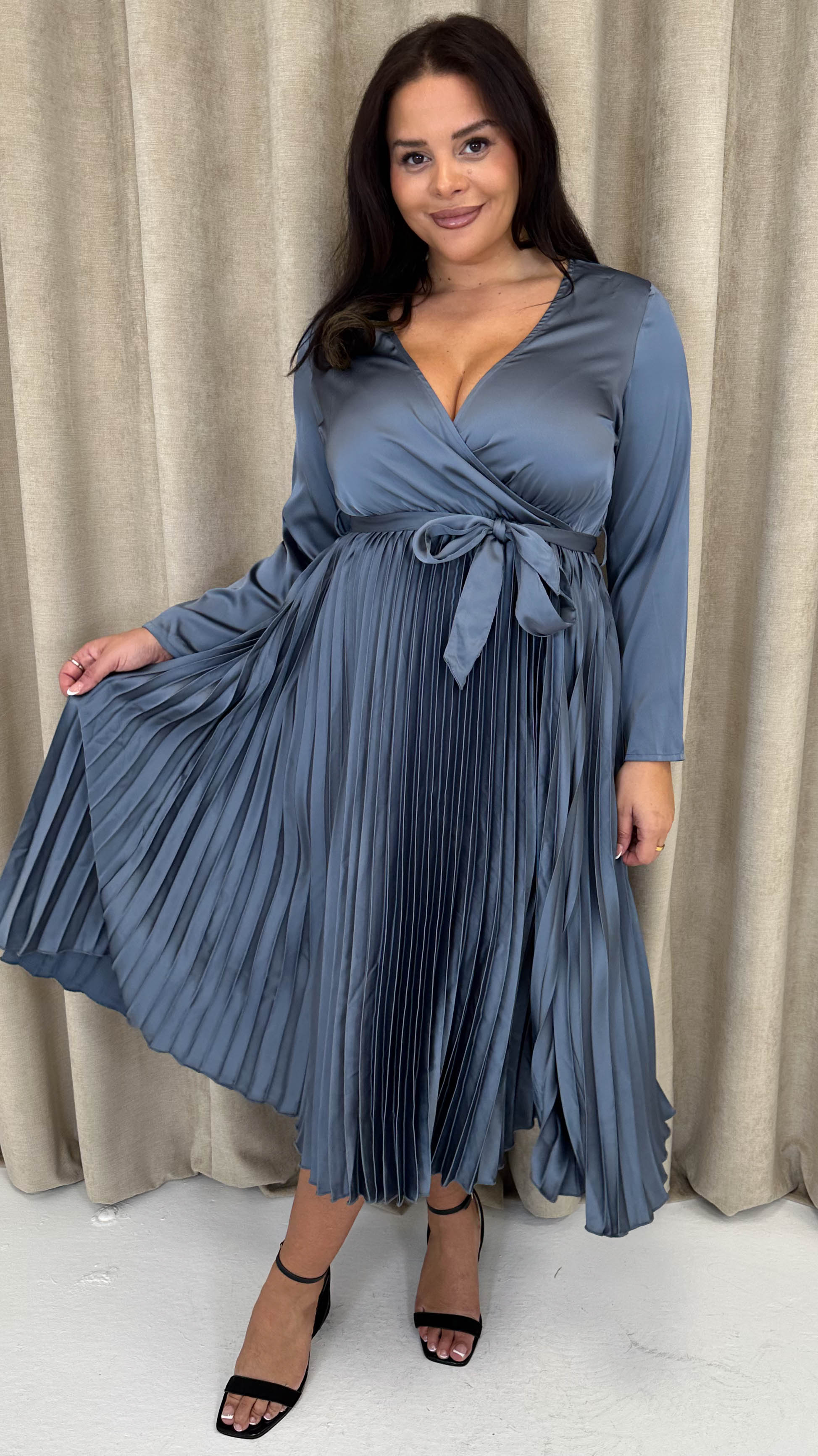 CurveWow Long Sleeve Pleated Wrap Dress Gunmetal Grey