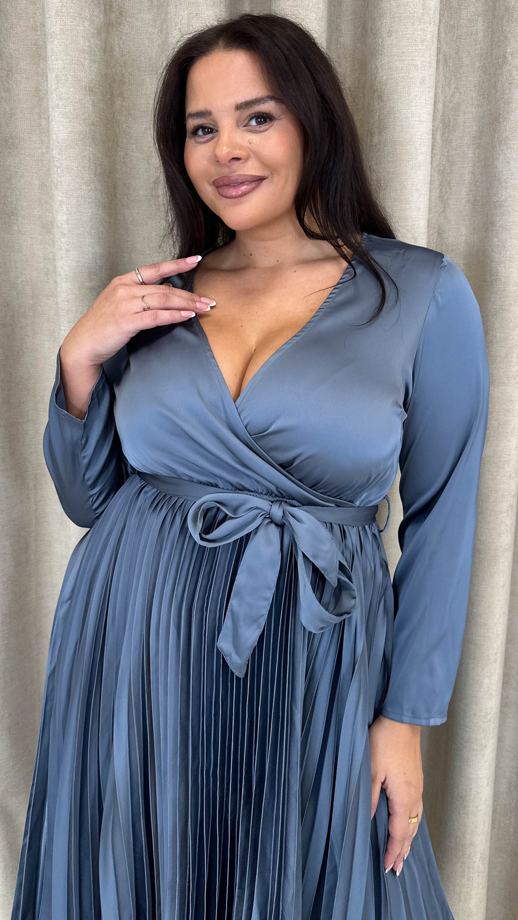 CurveWow Long Sleeve Pleated Wrap Dress Gunmetal Grey