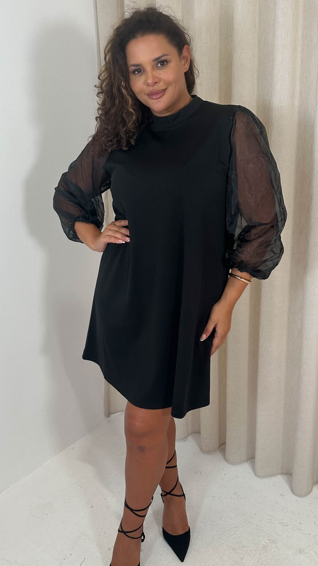 CurveWow Organza Sleeve Shift Dress Black