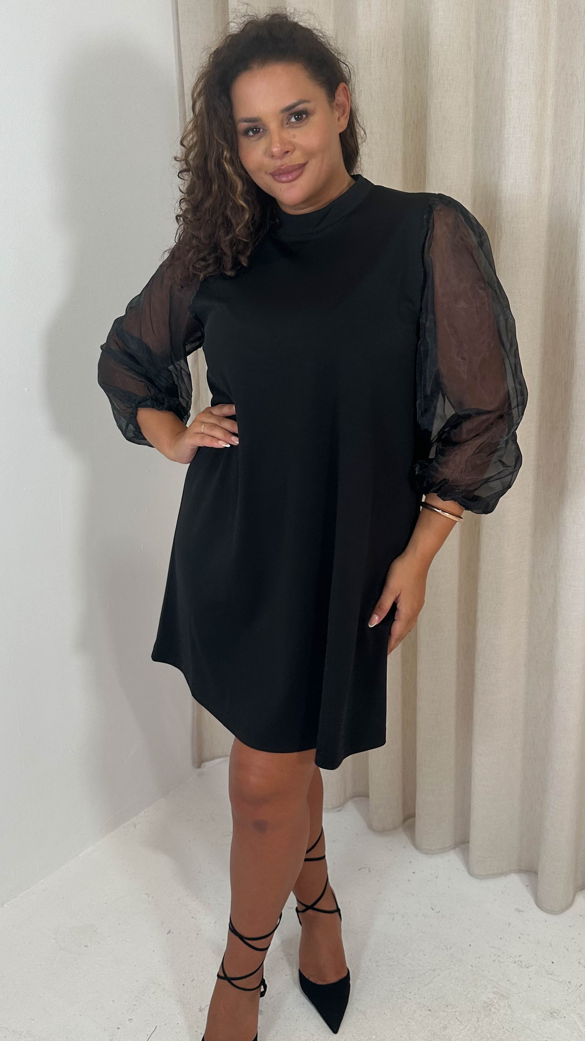 CurveWow Organza Sleeve Shift Dress Black