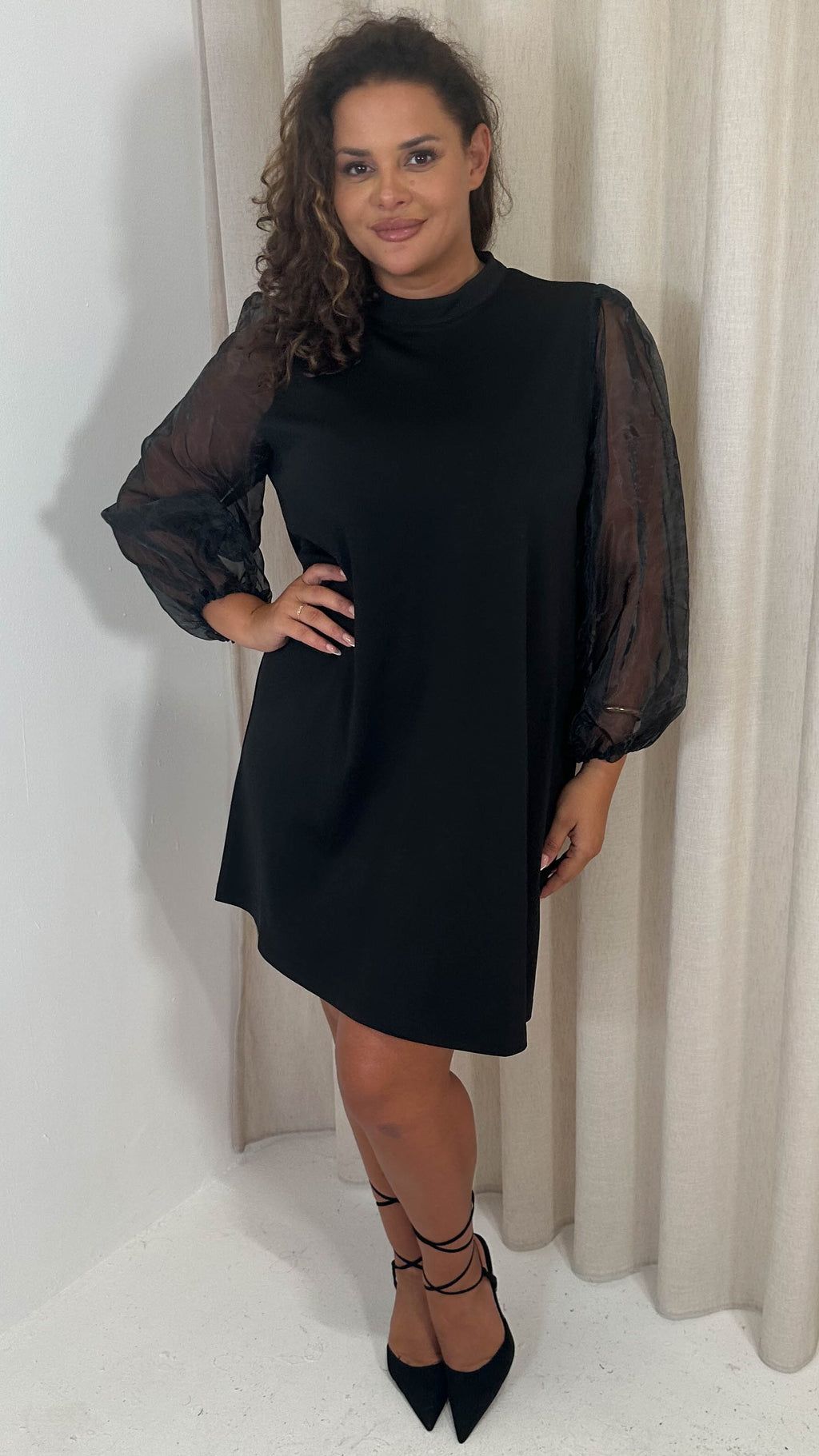 CurveWow Organza Sleeve Shift Dress Black
