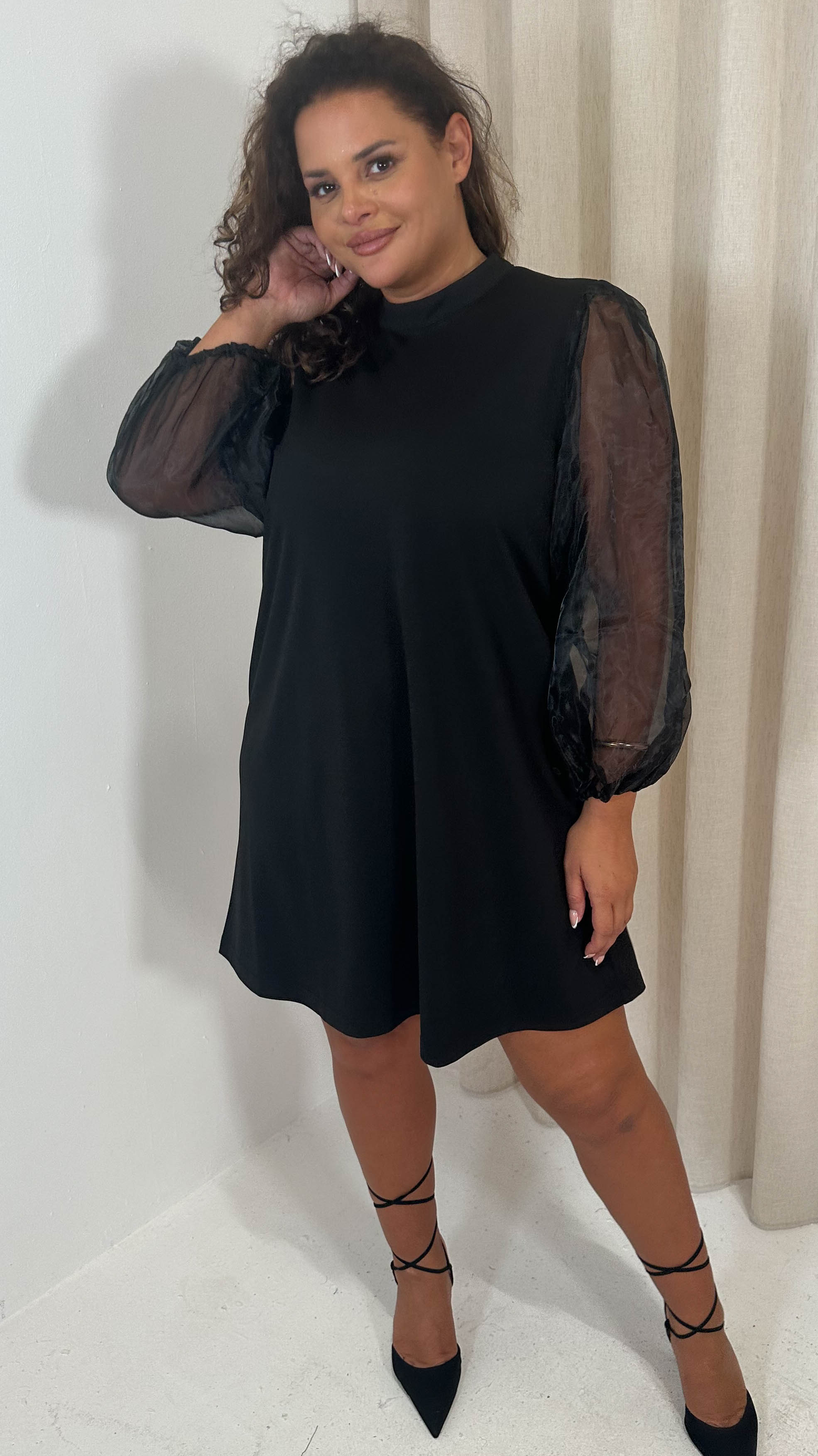 CurveWow Organza Sleeve Shift Dress Black