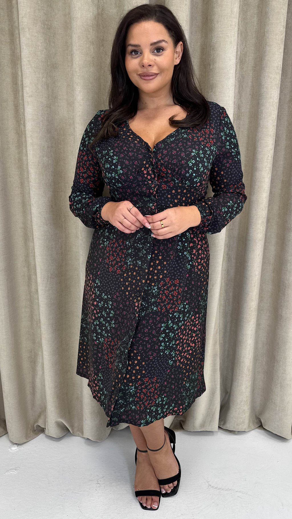 CurveWow Woven Button Front Dress Patchwork Floral