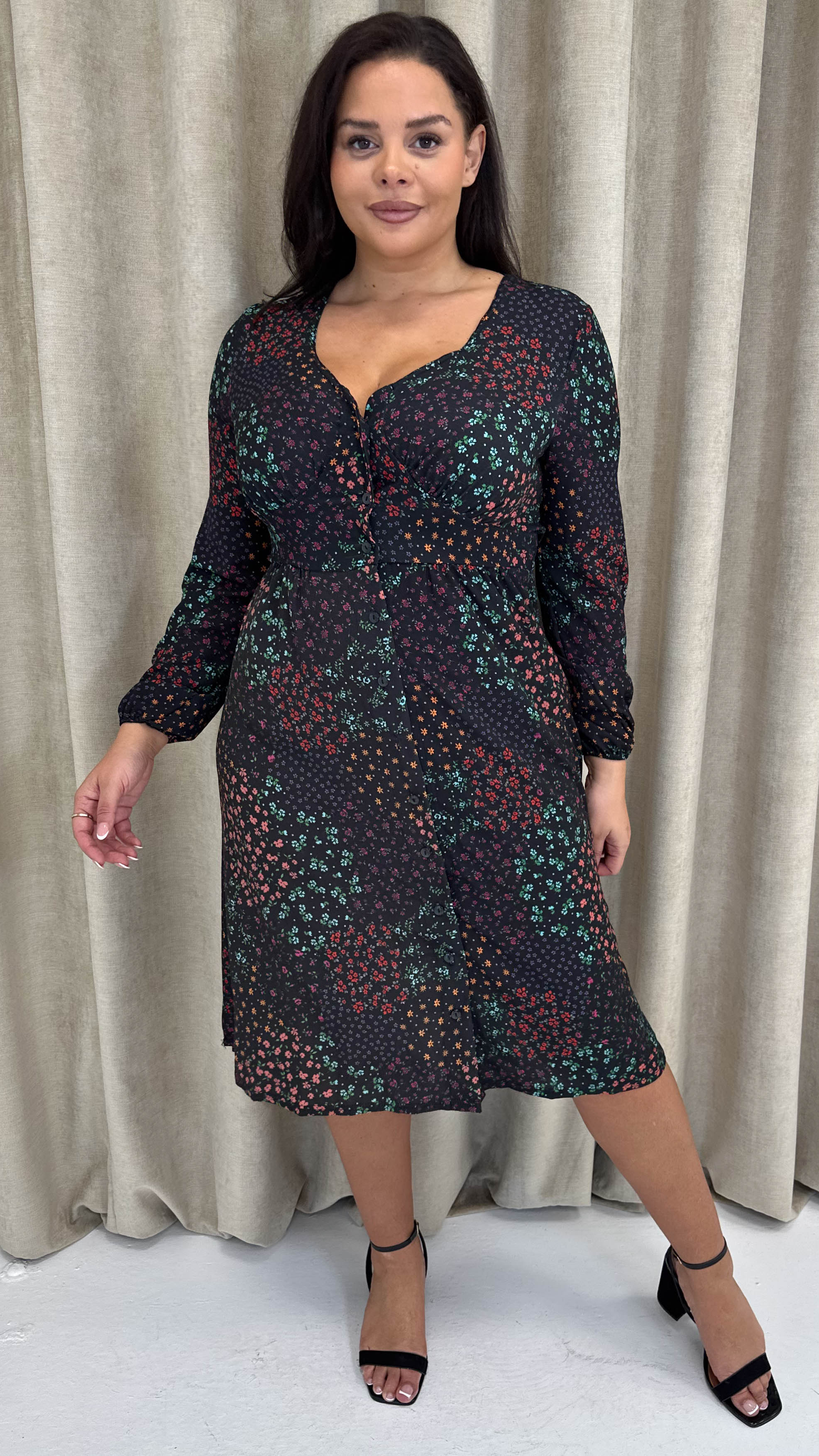 CurveWow Woven Button Front Dress Patchwork Floral