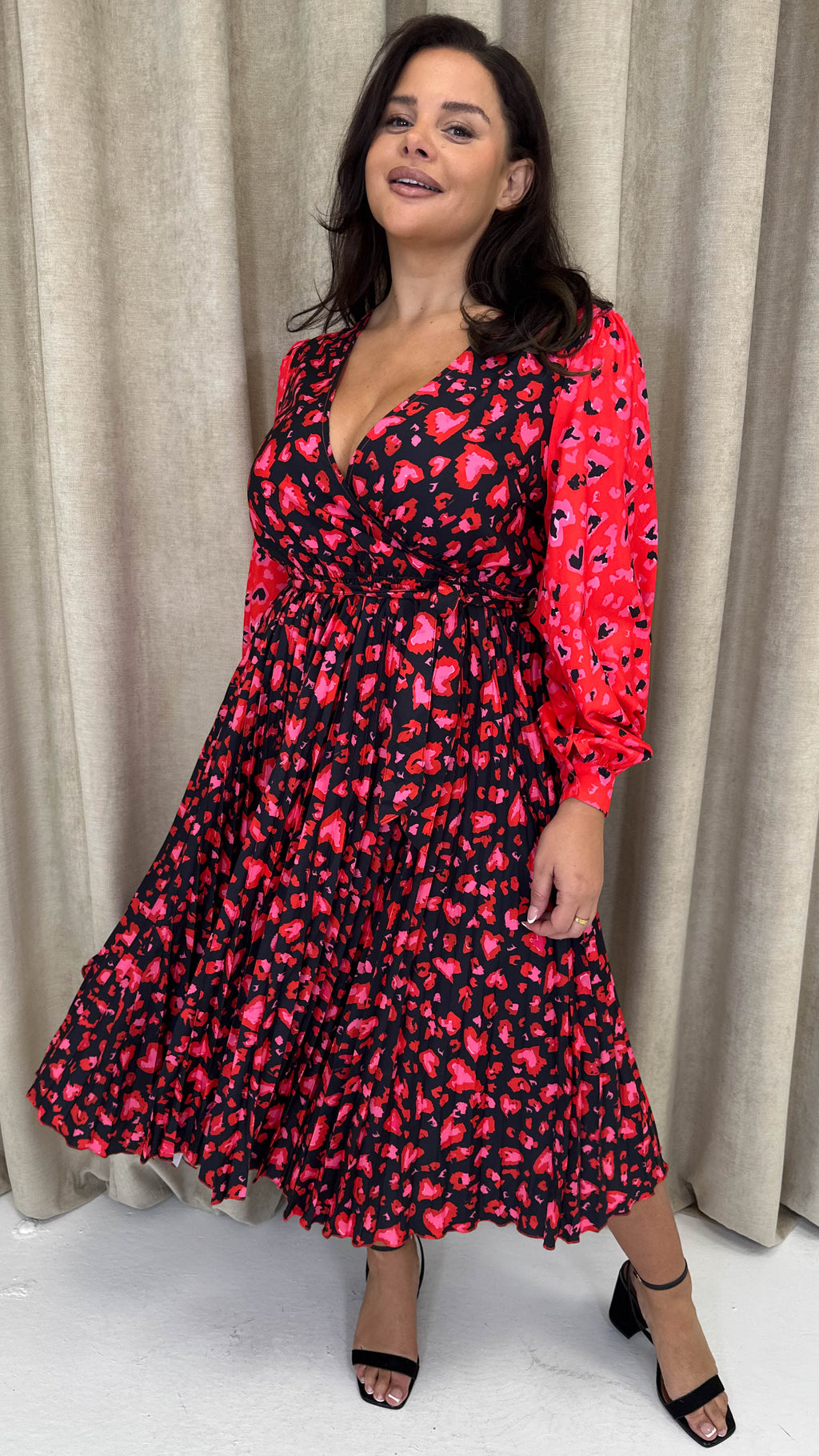 CurveWow Printed Pleated Midi Dress Red Animal Mix