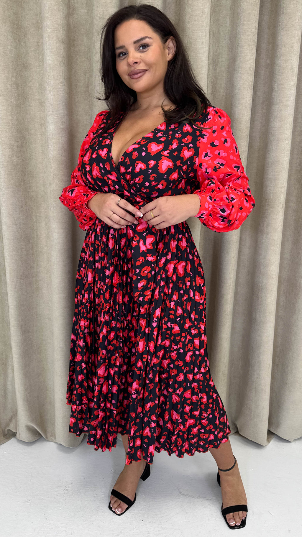 CurveWow Printed Pleated Midi Dress Red Animal Mix