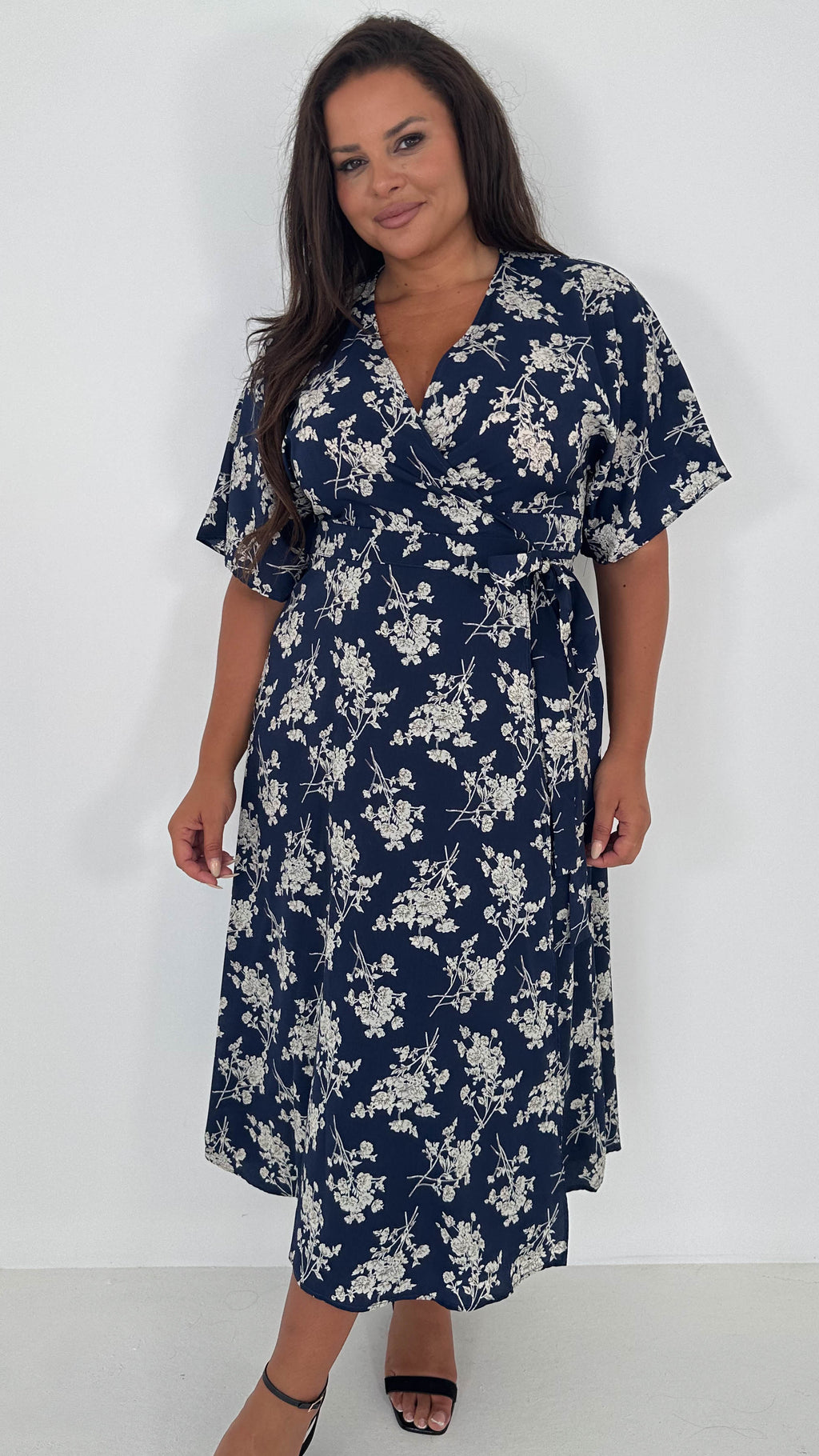 CurveWow Kimono Wrap Midaxi Dress Navy Floral