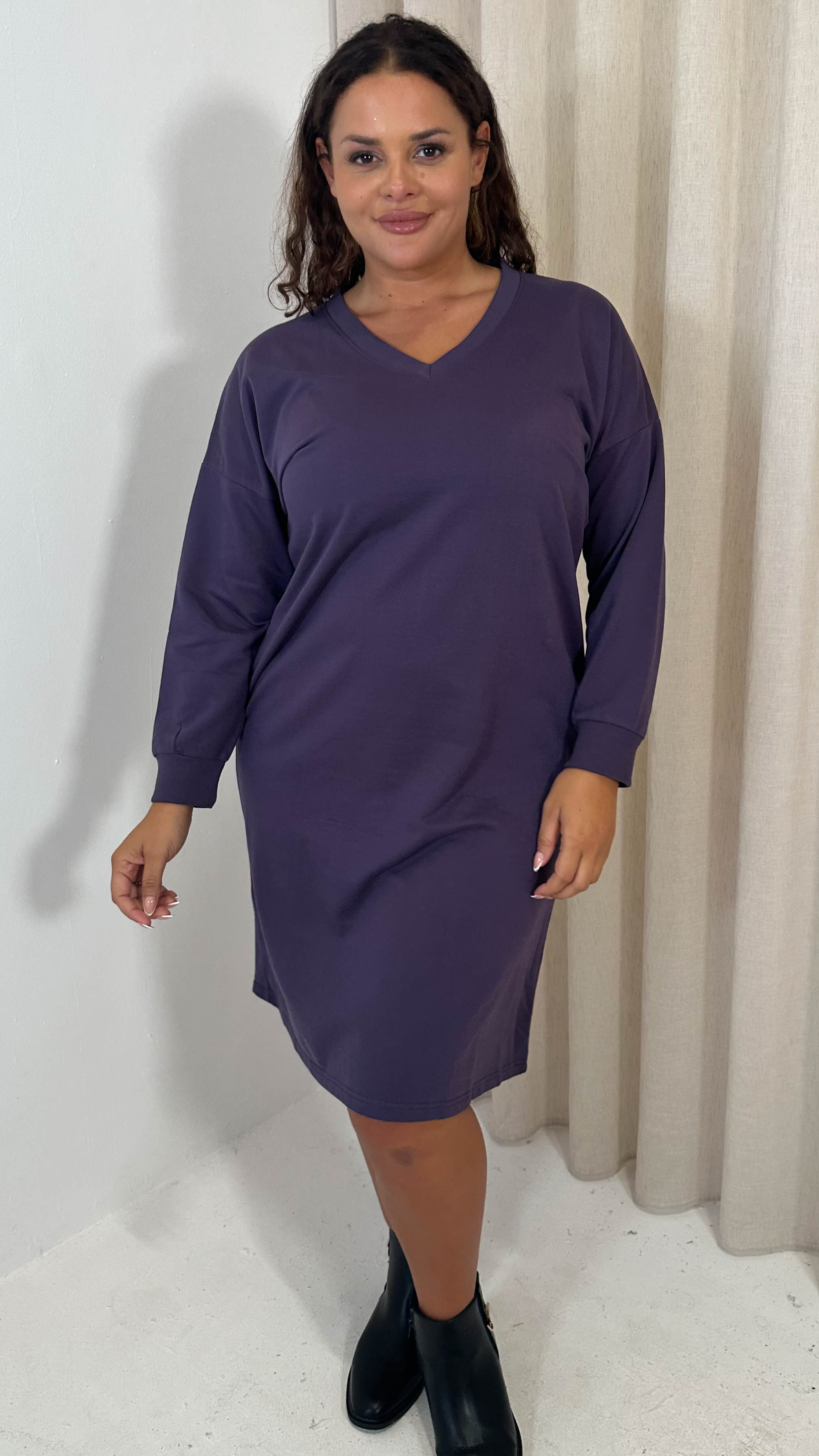 CurveWow V Neck Sweatshirt Dress Plum